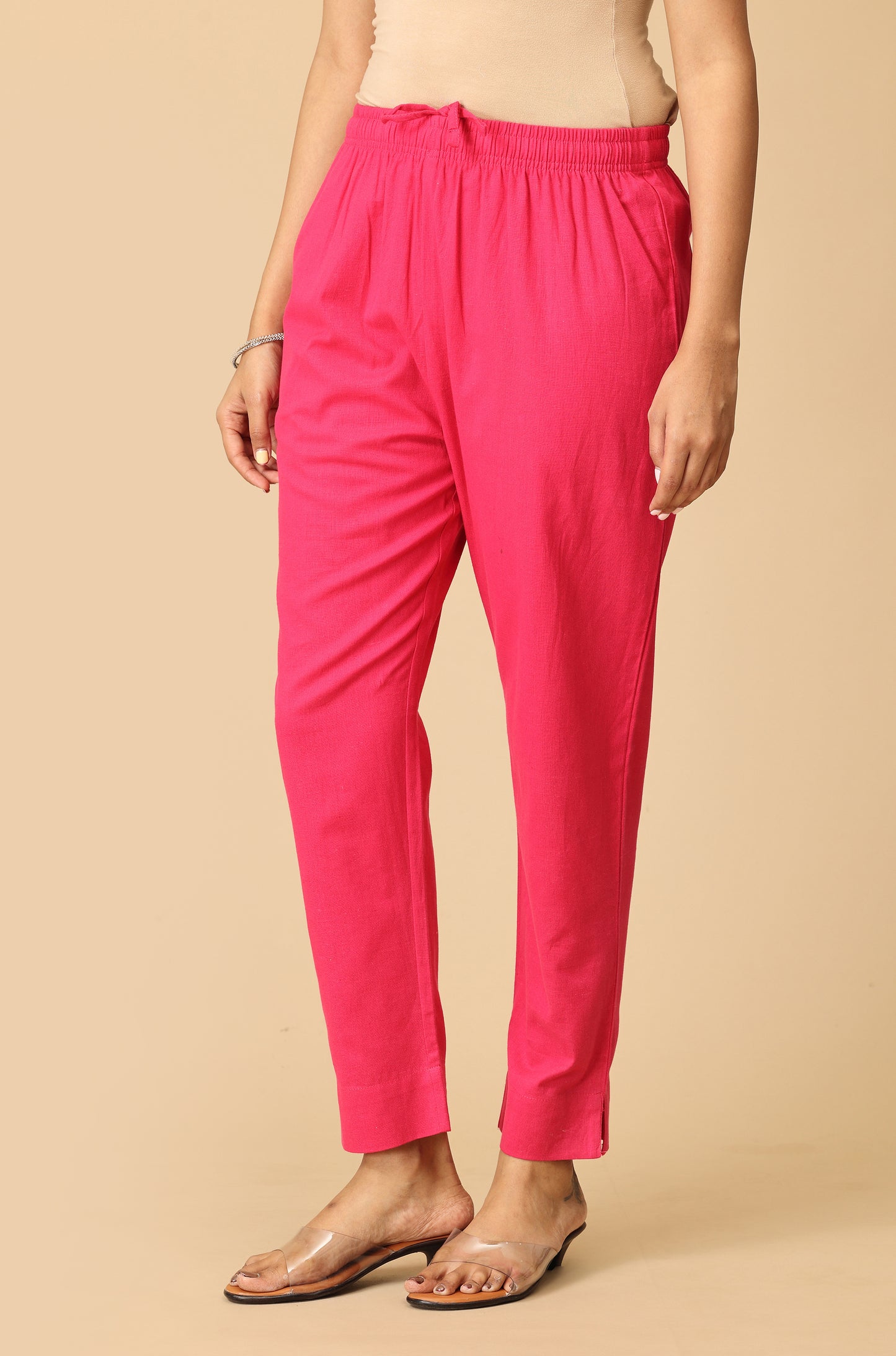 Bright Pink Cotton Trouser Fit with Drawstring Cigarette Pant