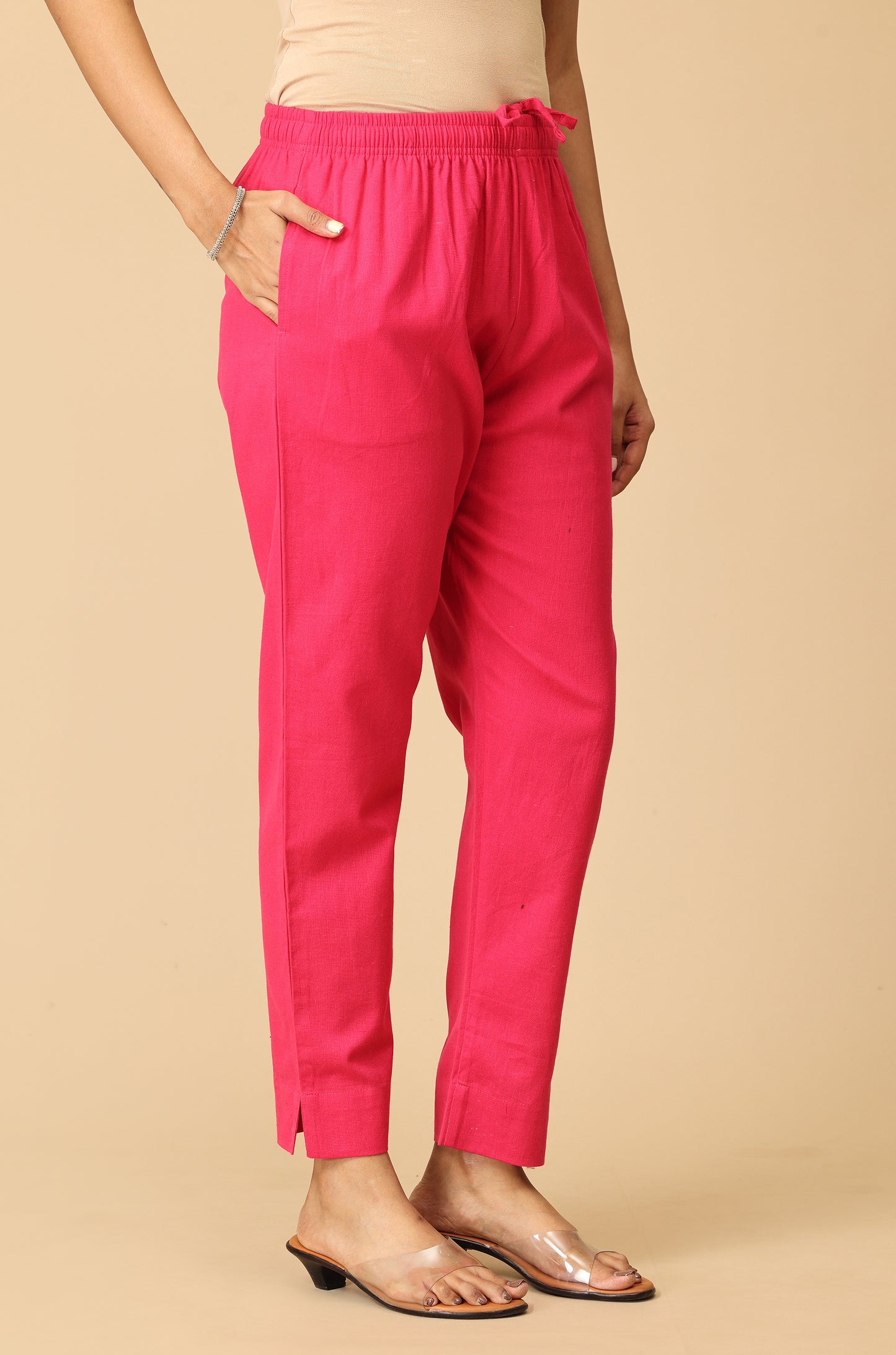 Bright Pink Cotton Trouser Fit with Drawstring Cigarette Pant