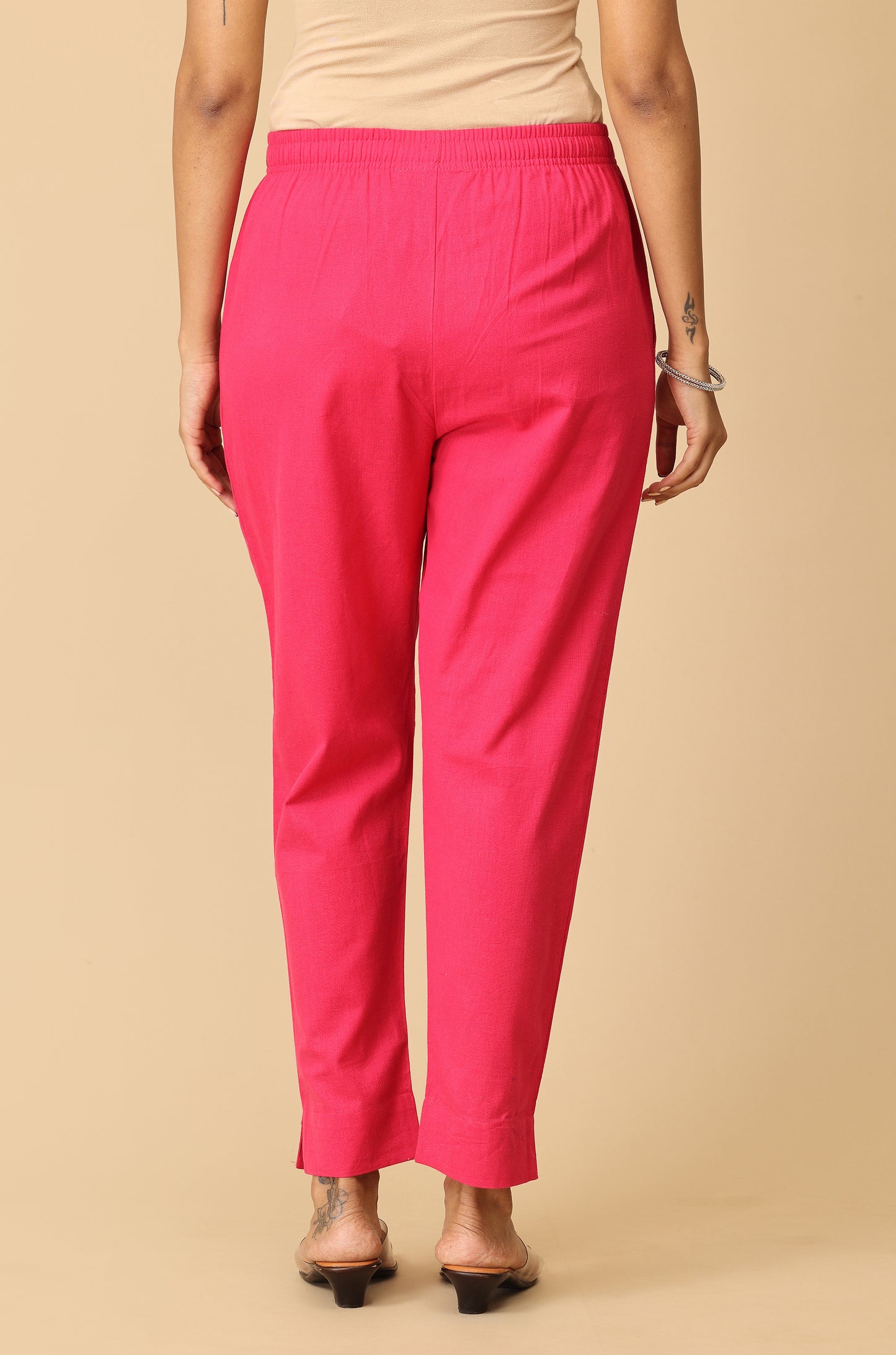 Bright Pink Cotton Trouser Fit with Drawstring Cigarette Pant