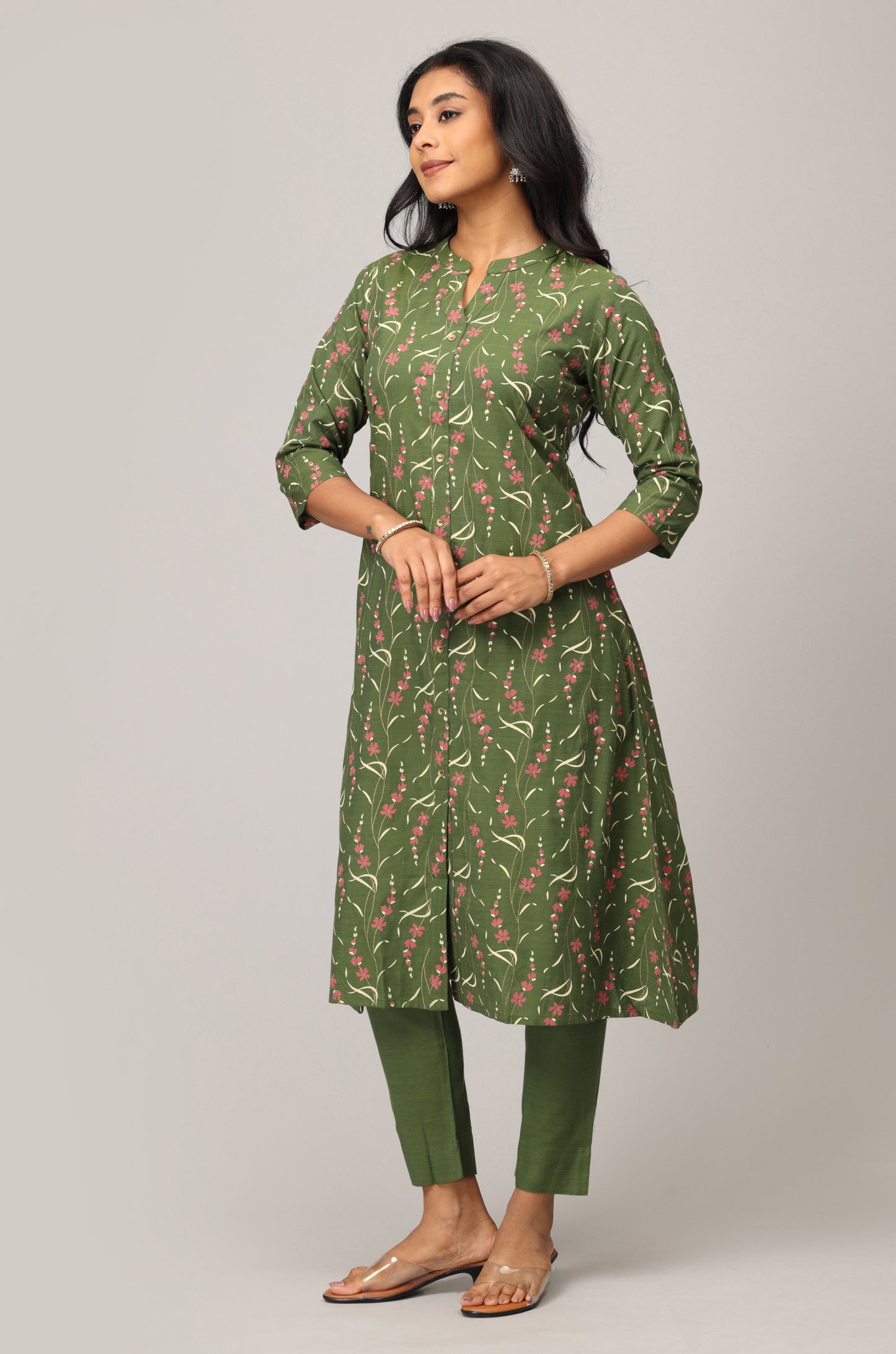 Green Rayon Slub Printed Mandarin collar A-Line Kurti Set -2 Pcs