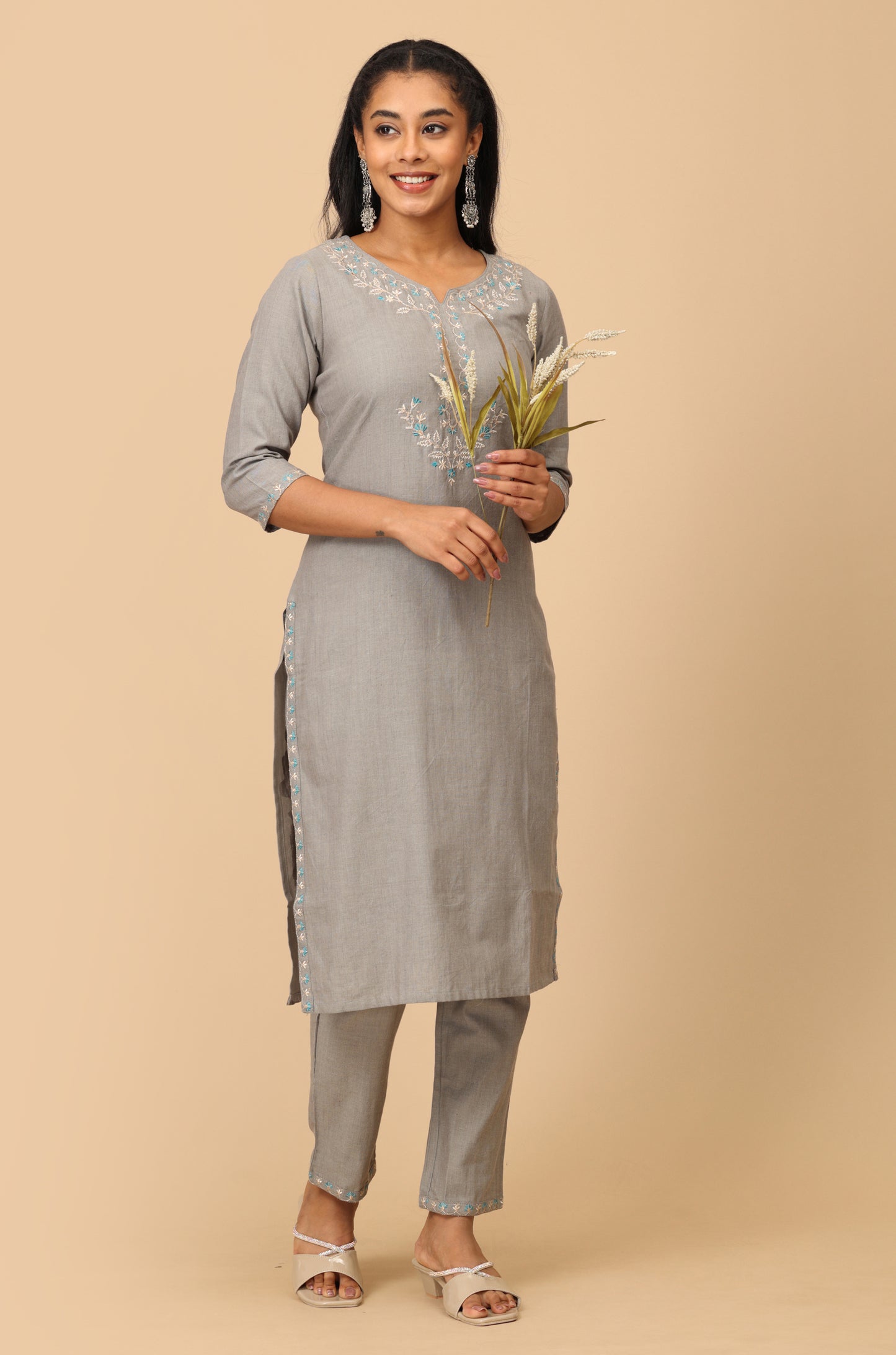Grey Cotton Neck Embroidered Straight Kurti Set 2 Pcs