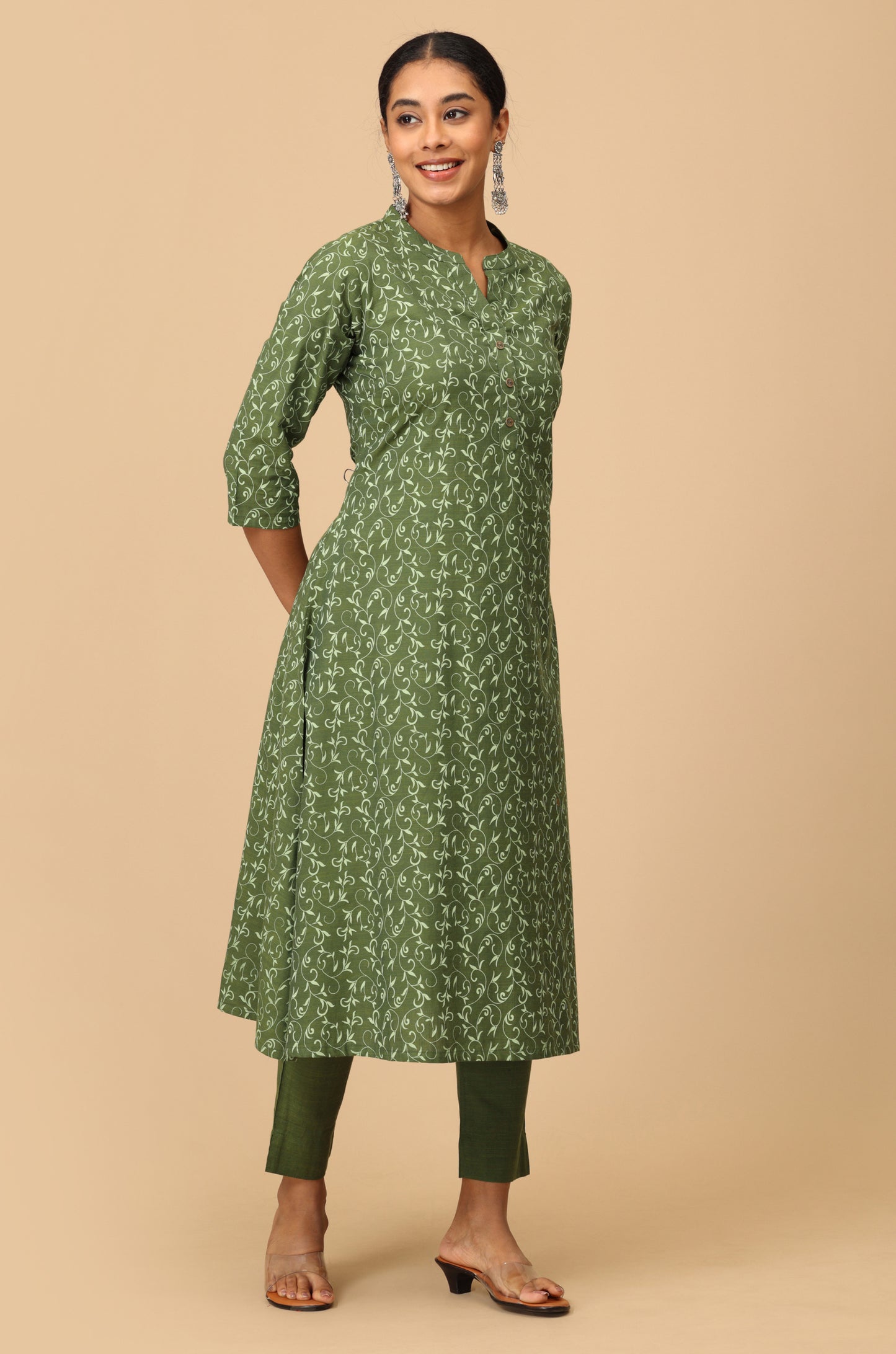 Green Cotton Slub Printed Kurti Set 2 Pcs