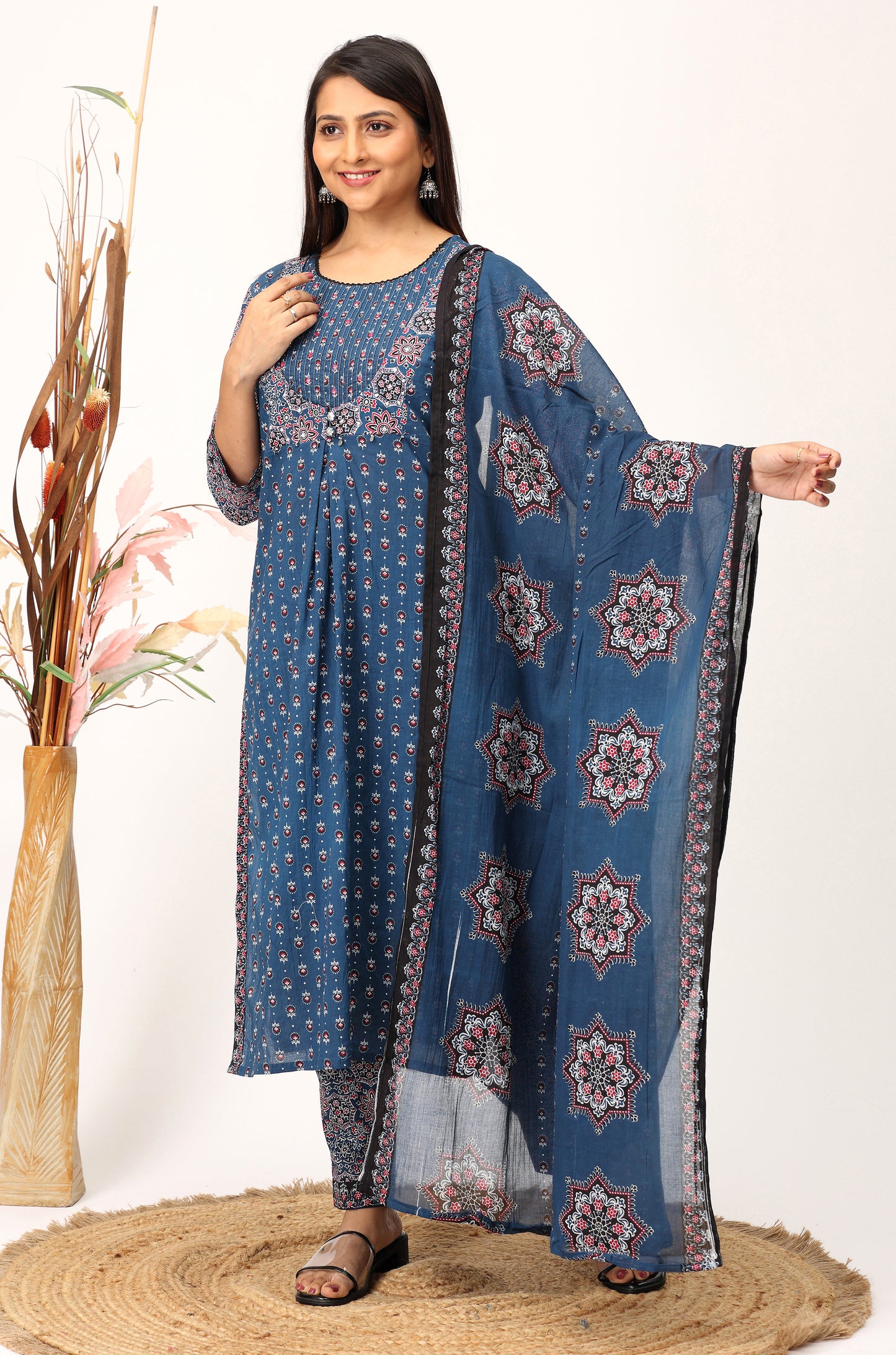 Navy Blue Cotton Printed with Handwork Kurti Set -3Pcs