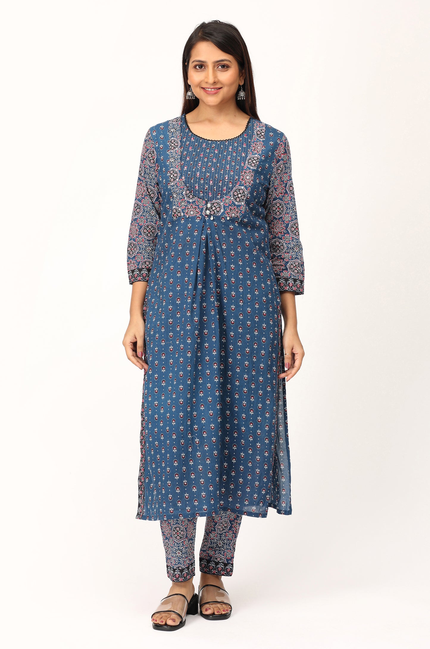 Navy Blue Cotton Printed with Handwork Kurti Set -3Pcs