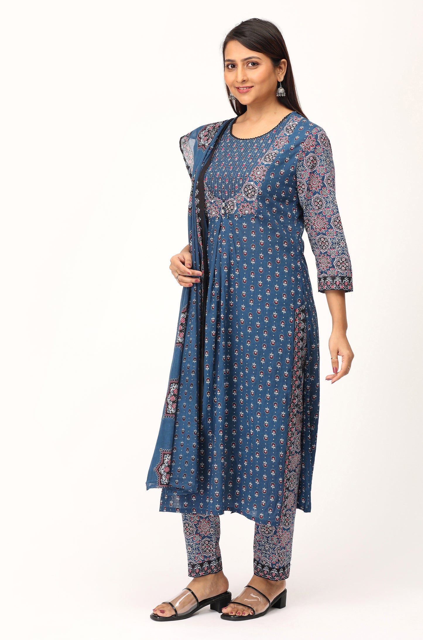Navy Blue Cotton Printed with Handwork Kurti Set -3Pcs