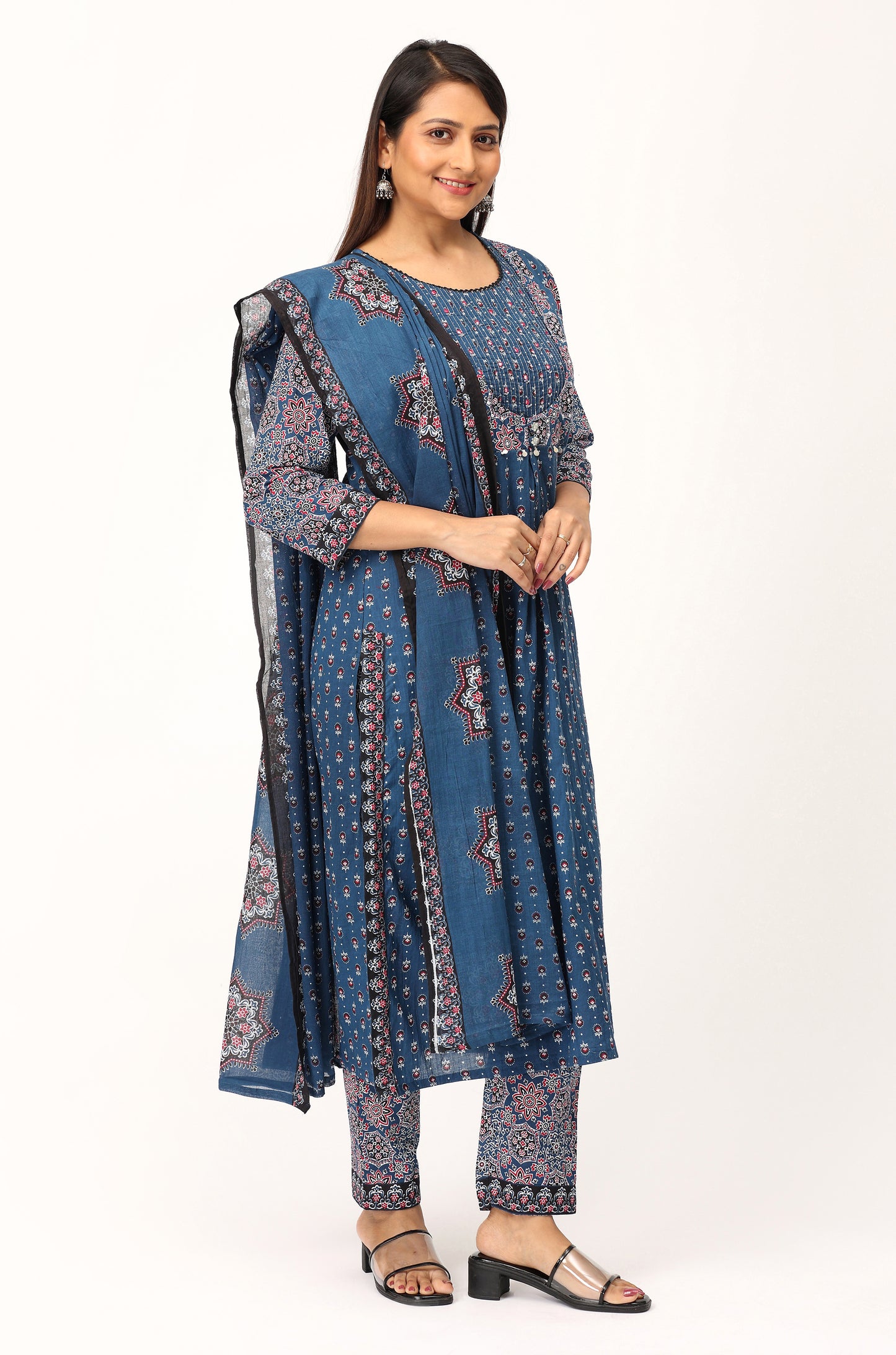 Navy Blue Cotton Printed with Handwork Kurti Set -3Pcs