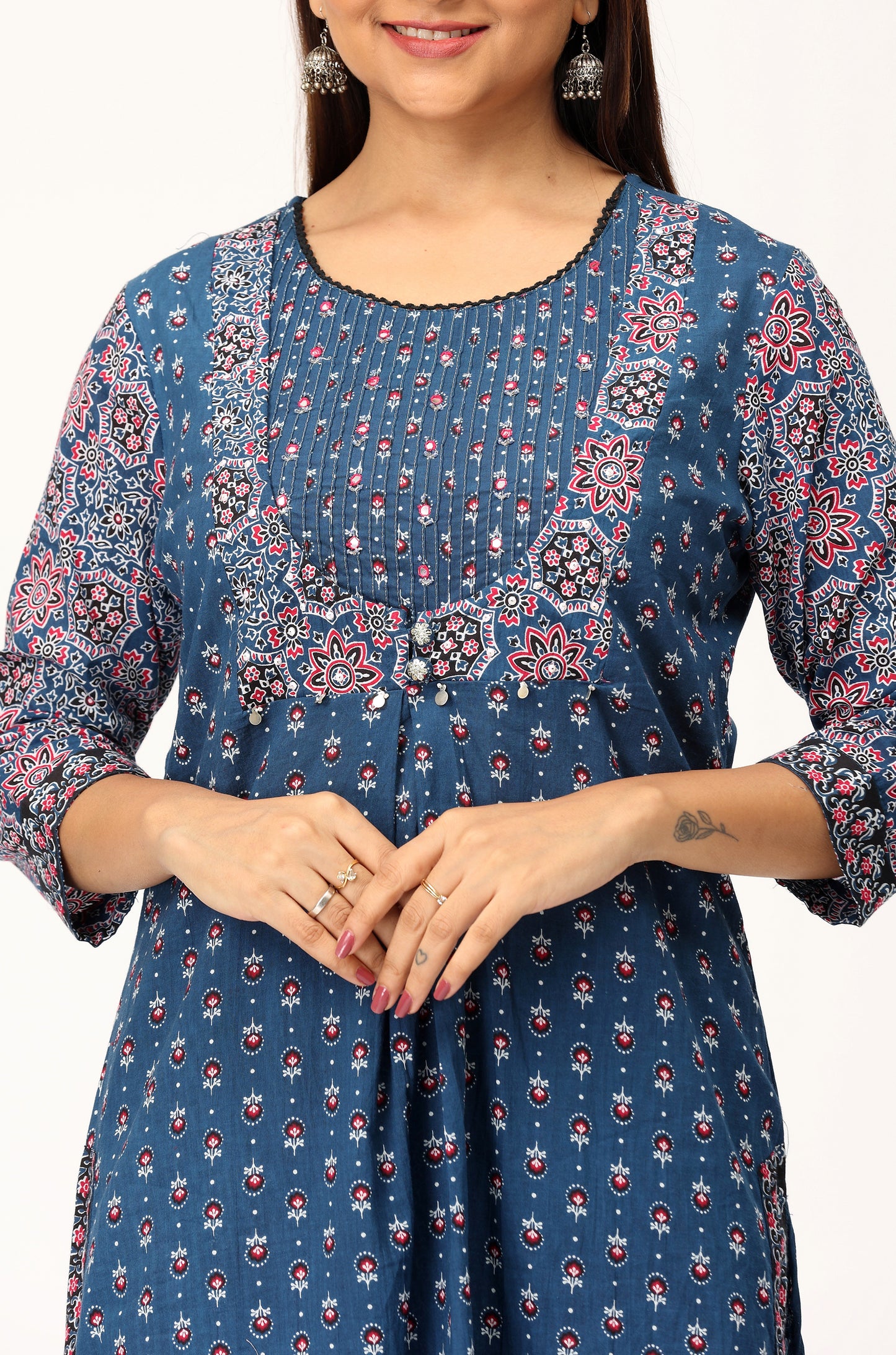 Navy Blue Cotton Printed with Handwork Kurti Set -3Pcs
