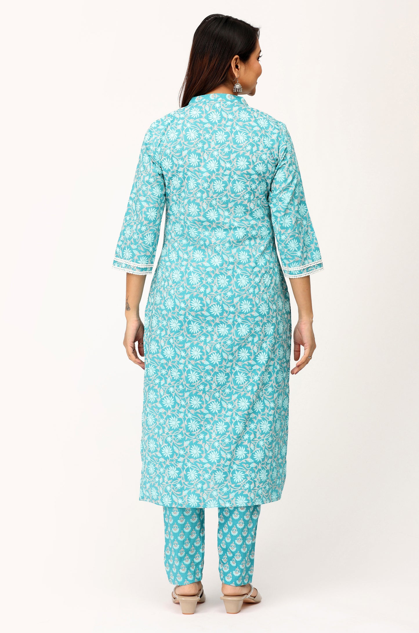 Teal Cotton Printed with Handwork Kurti Set -3Pcs