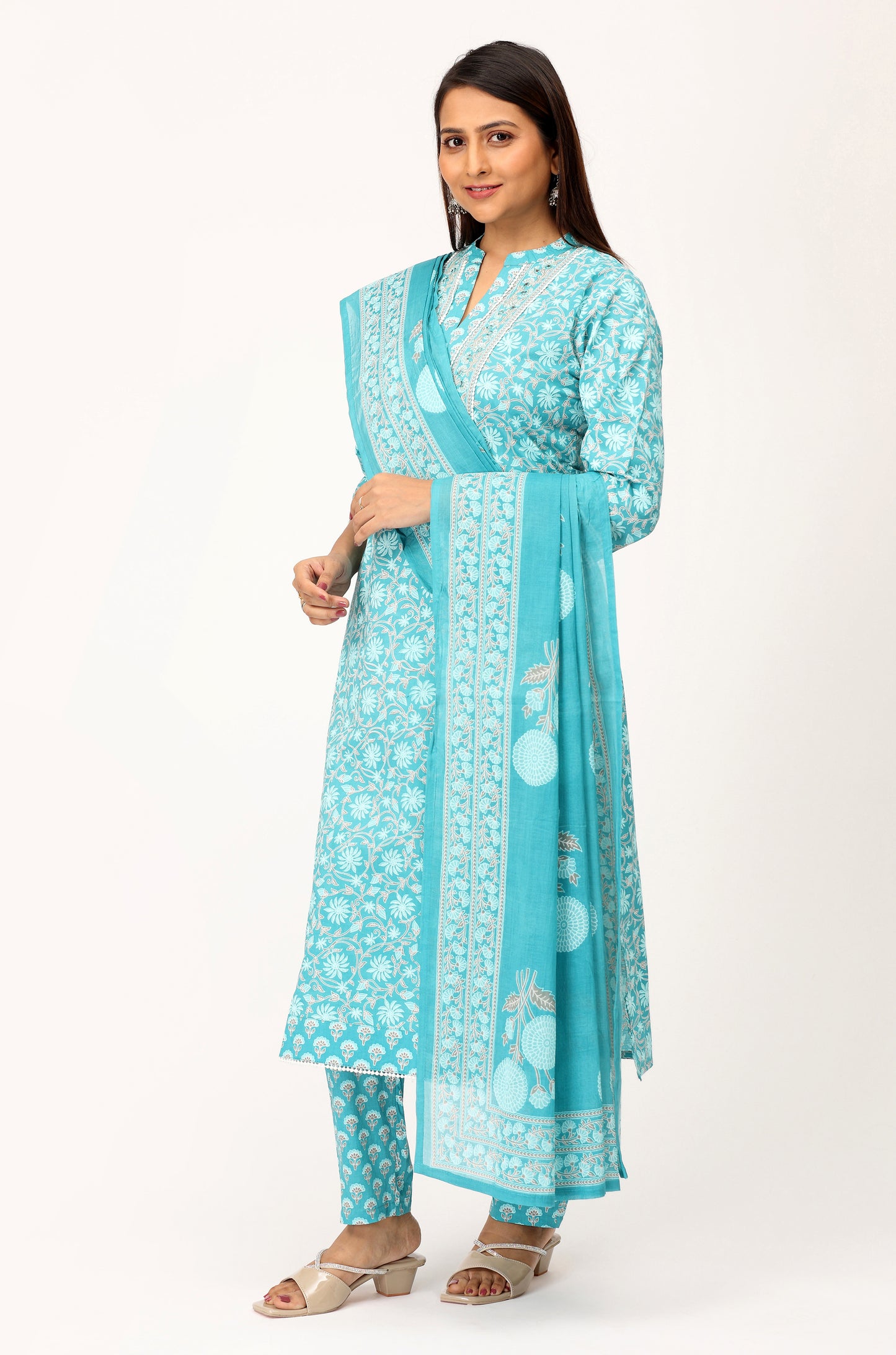 Teal Cotton Printed with Handwork Kurti Set -3Pcs