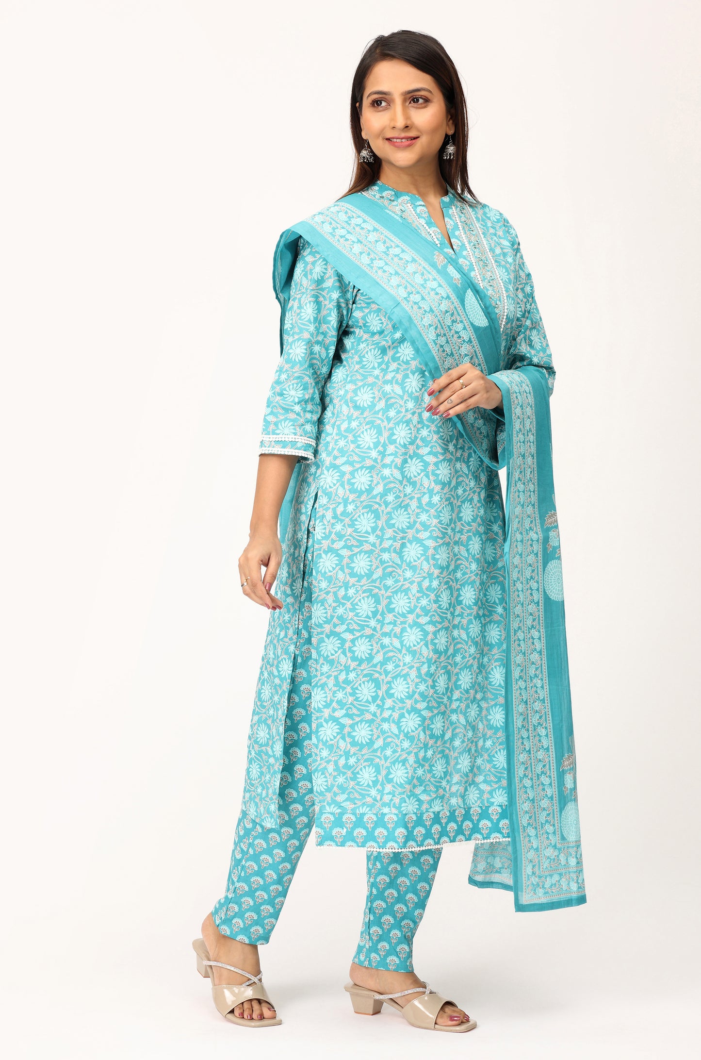Teal Cotton Printed with Handwork Kurti Set -3Pcs