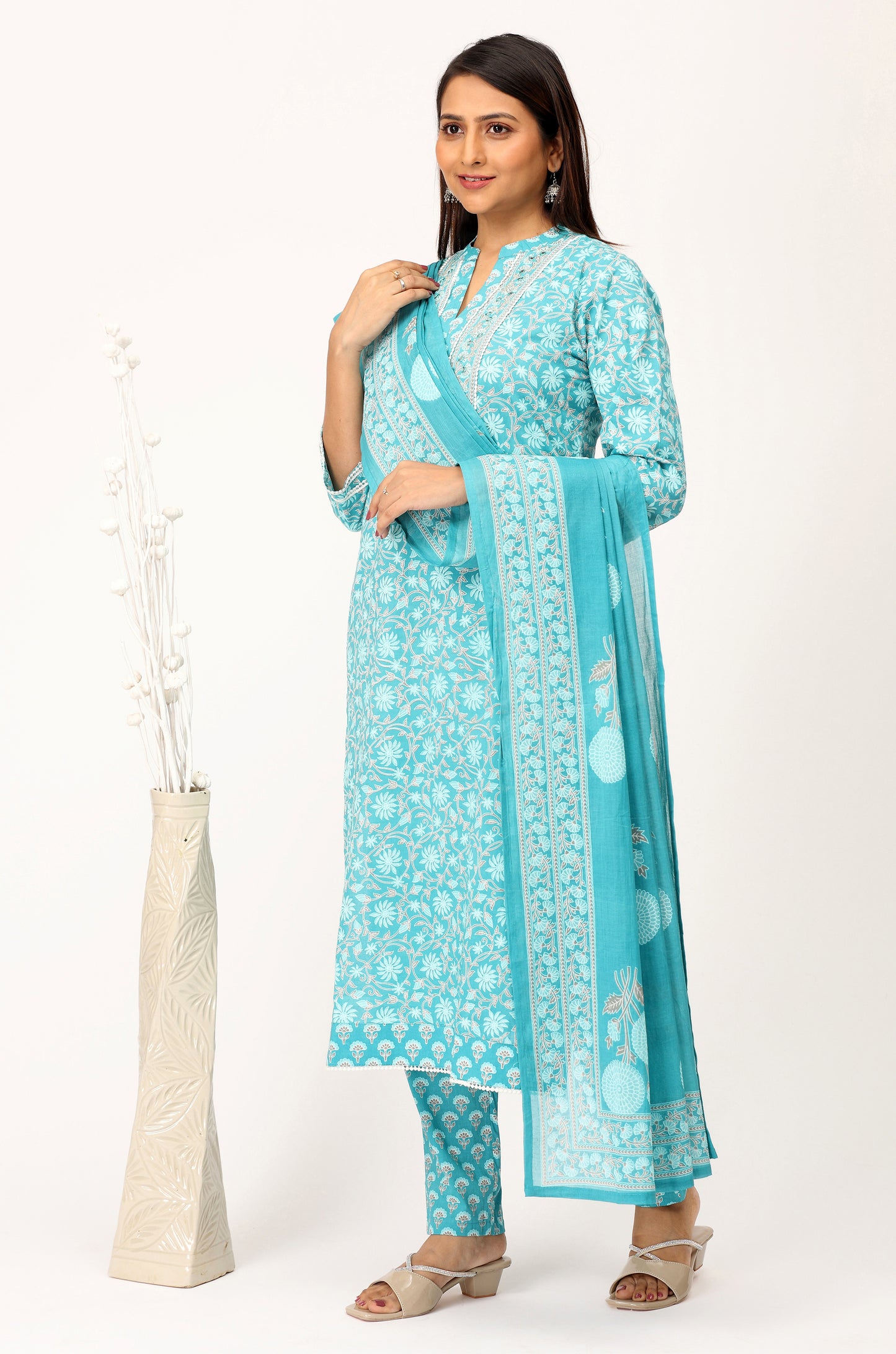Teal Cotton Printed with Handwork Kurti Set -3Pcs