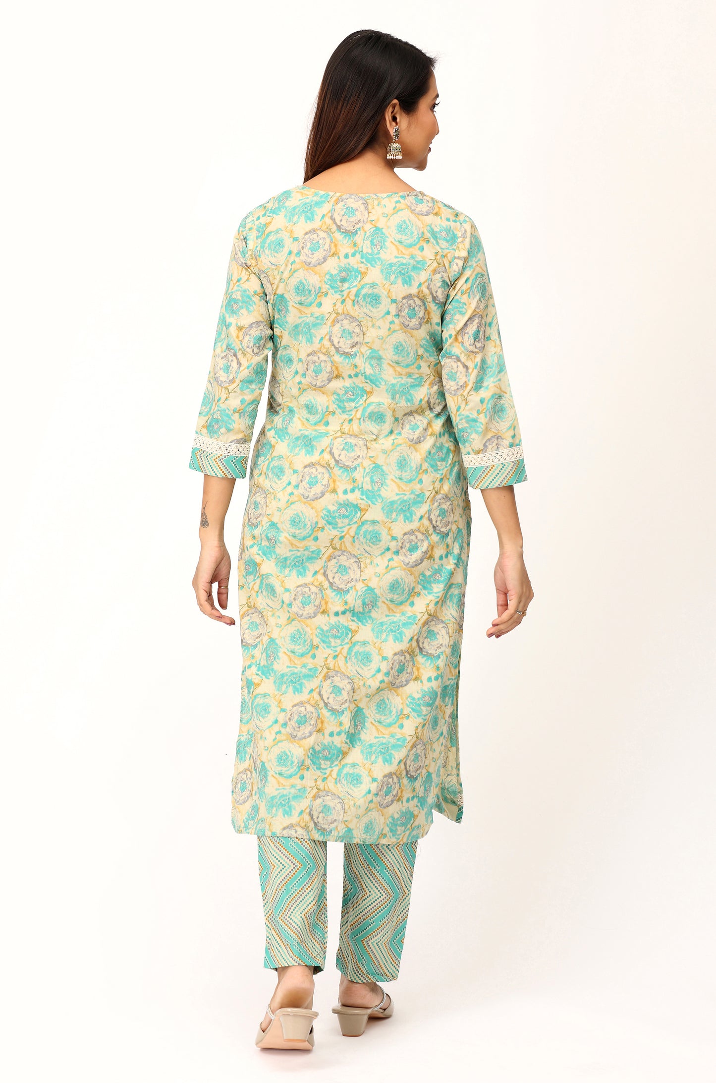 Teal Cotton Printed with Embroidery Kurti Set -3Pcs