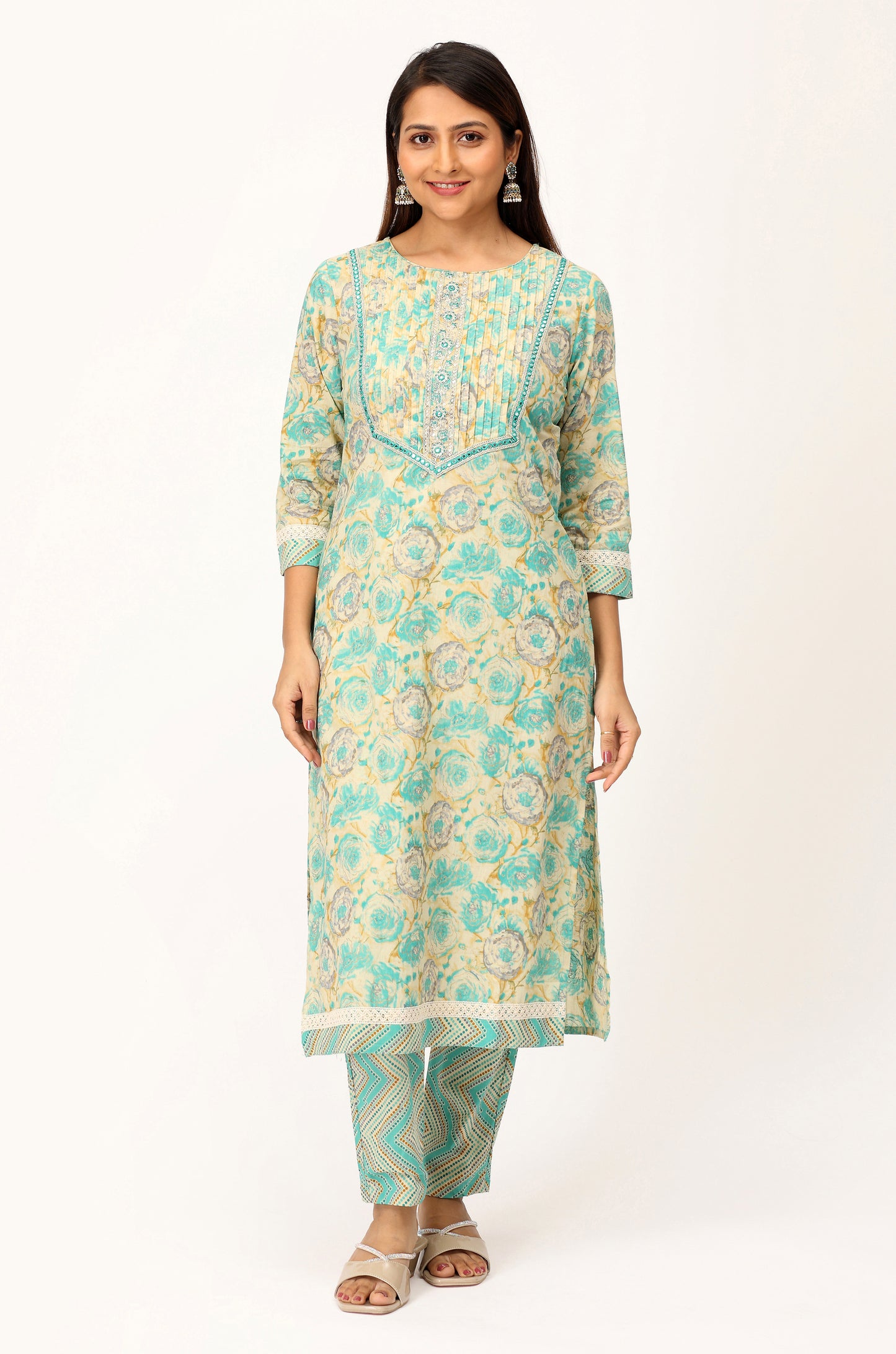 Teal Cotton Printed with Embroidery Kurti Set -3Pcs