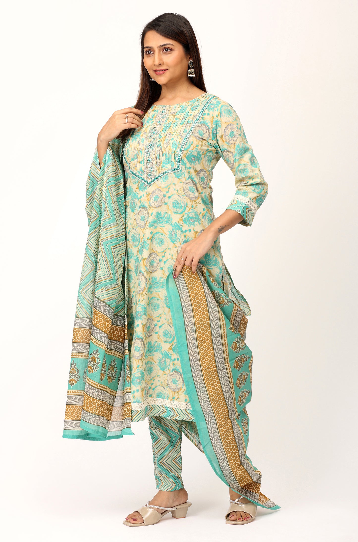 Teal Cotton Printed with Embroidery Kurti Set -3Pcs