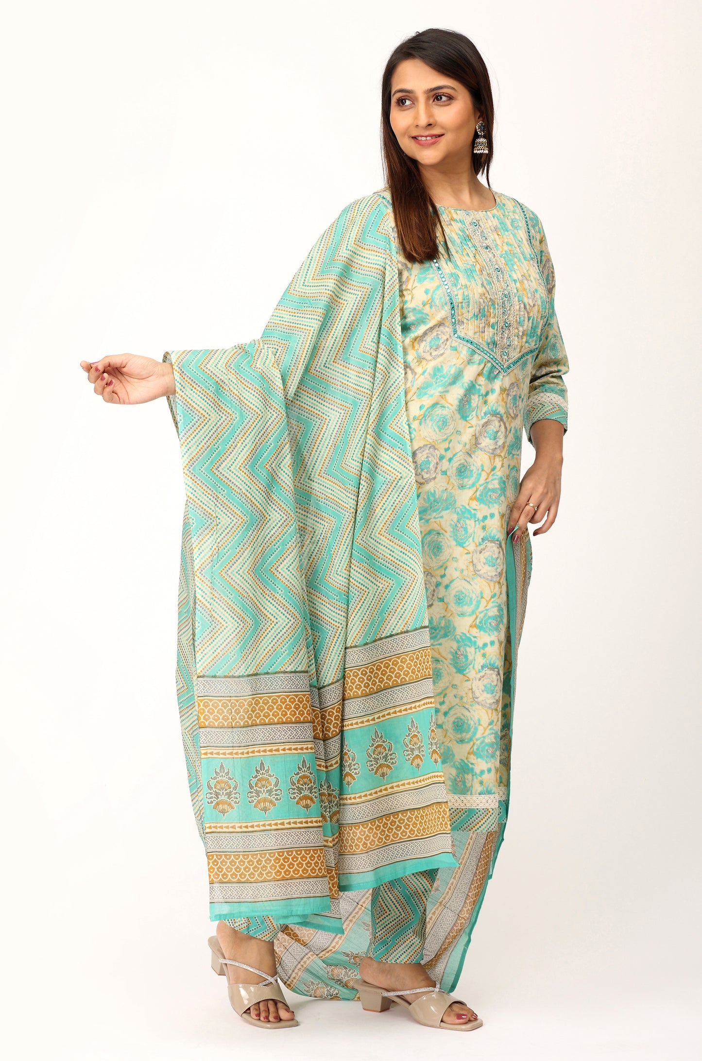 Teal Cotton Printed with Embroidery Kurti Set -3Pcs