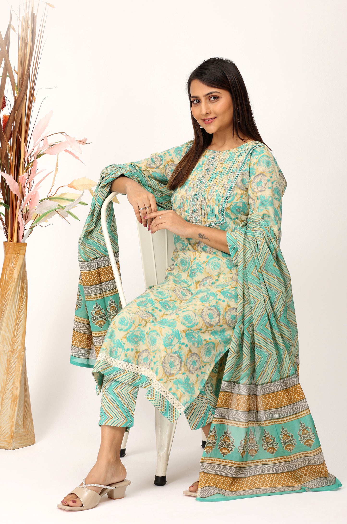Teal Cotton Printed with Embroidery Kurti Set -3Pcs