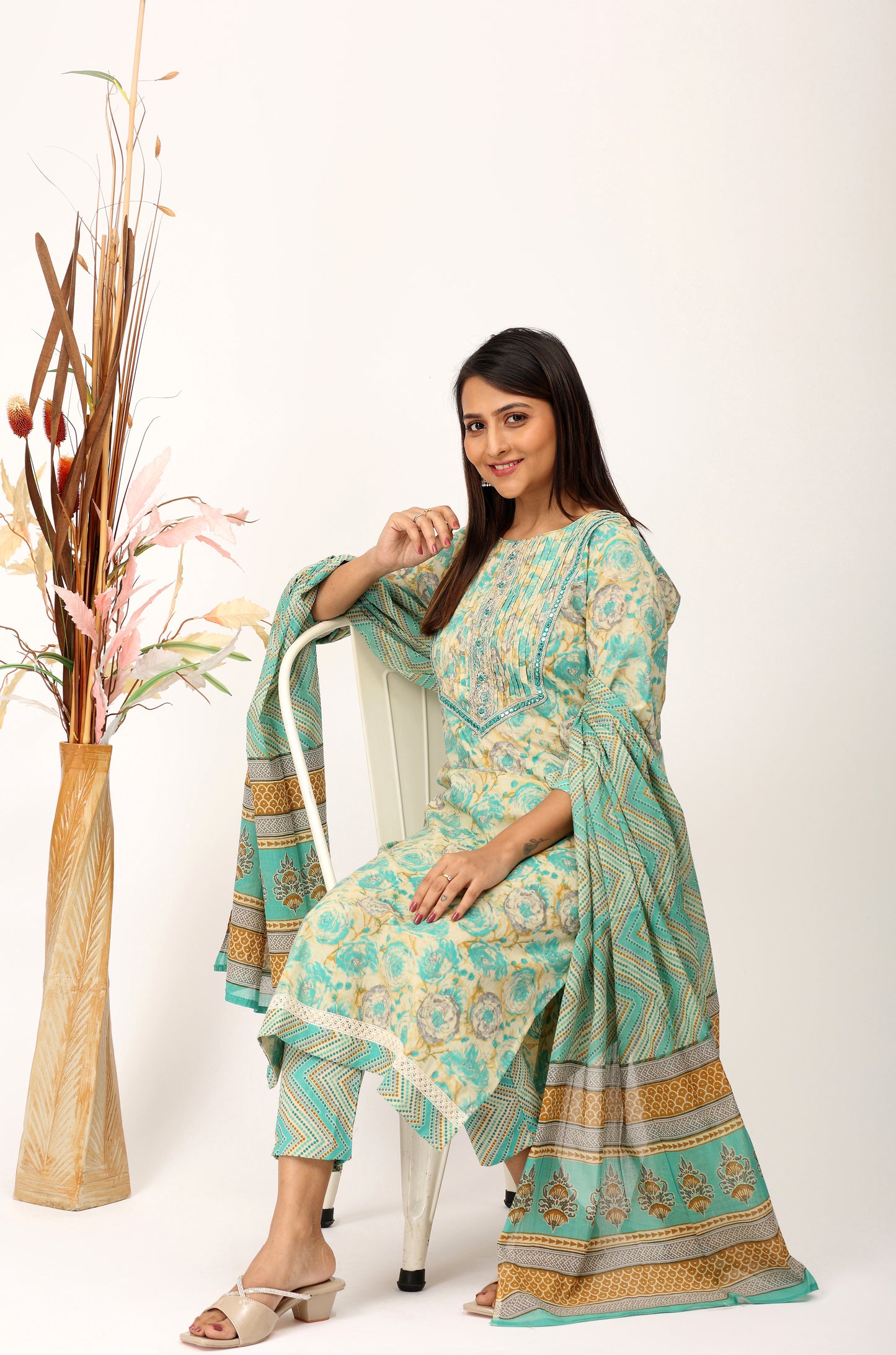 Teal Cotton Printed with Embroidery Kurti Set -3Pcs