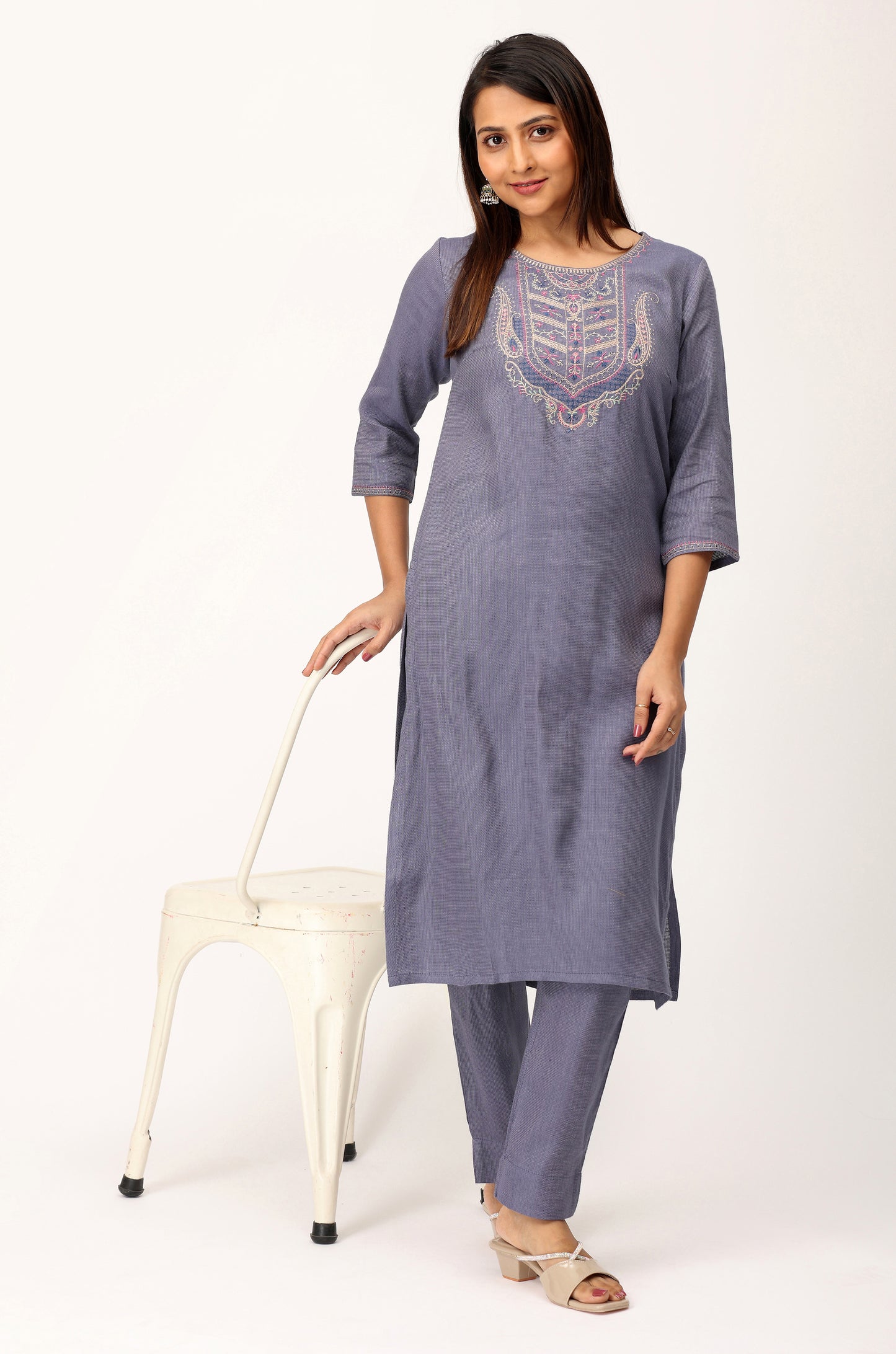 Blue Grey Matty Embroidery Straight Kurti Set - 2Pcs