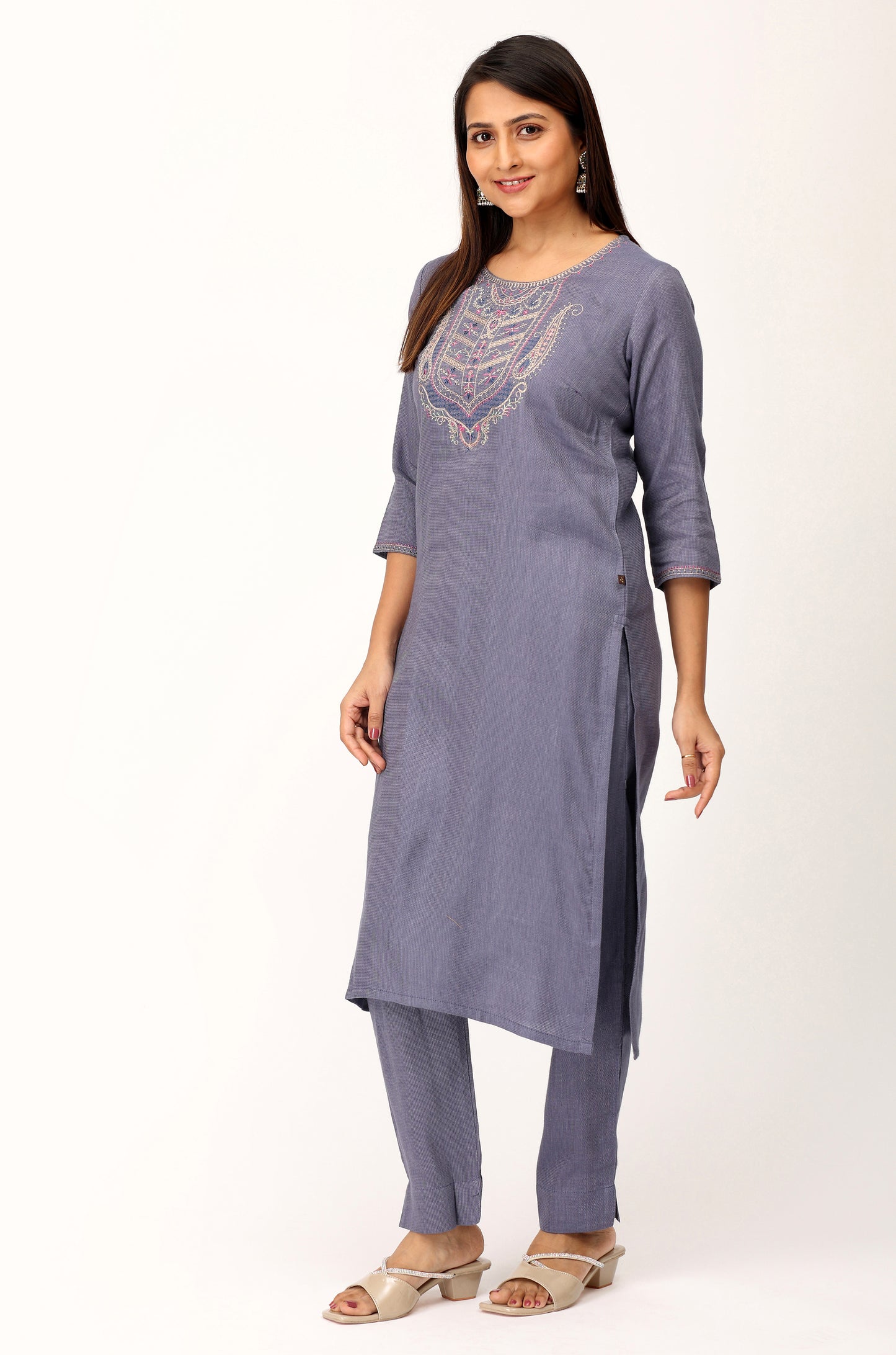Blue Grey Matty Embroidery Straight Kurti Set - 2Pcs