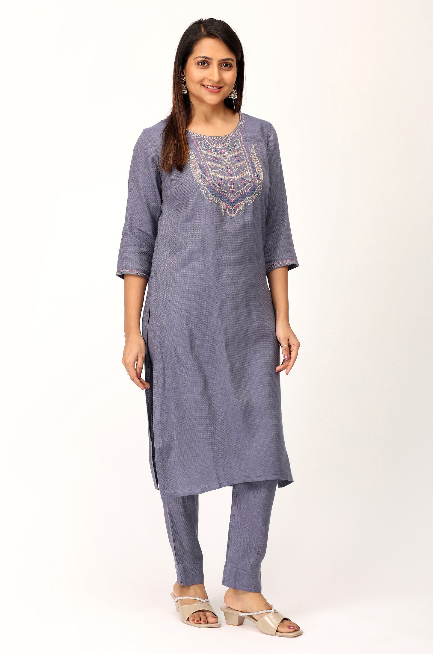 Blue Grey Matty Embroidery Straight Kurti Set - 2Pcs