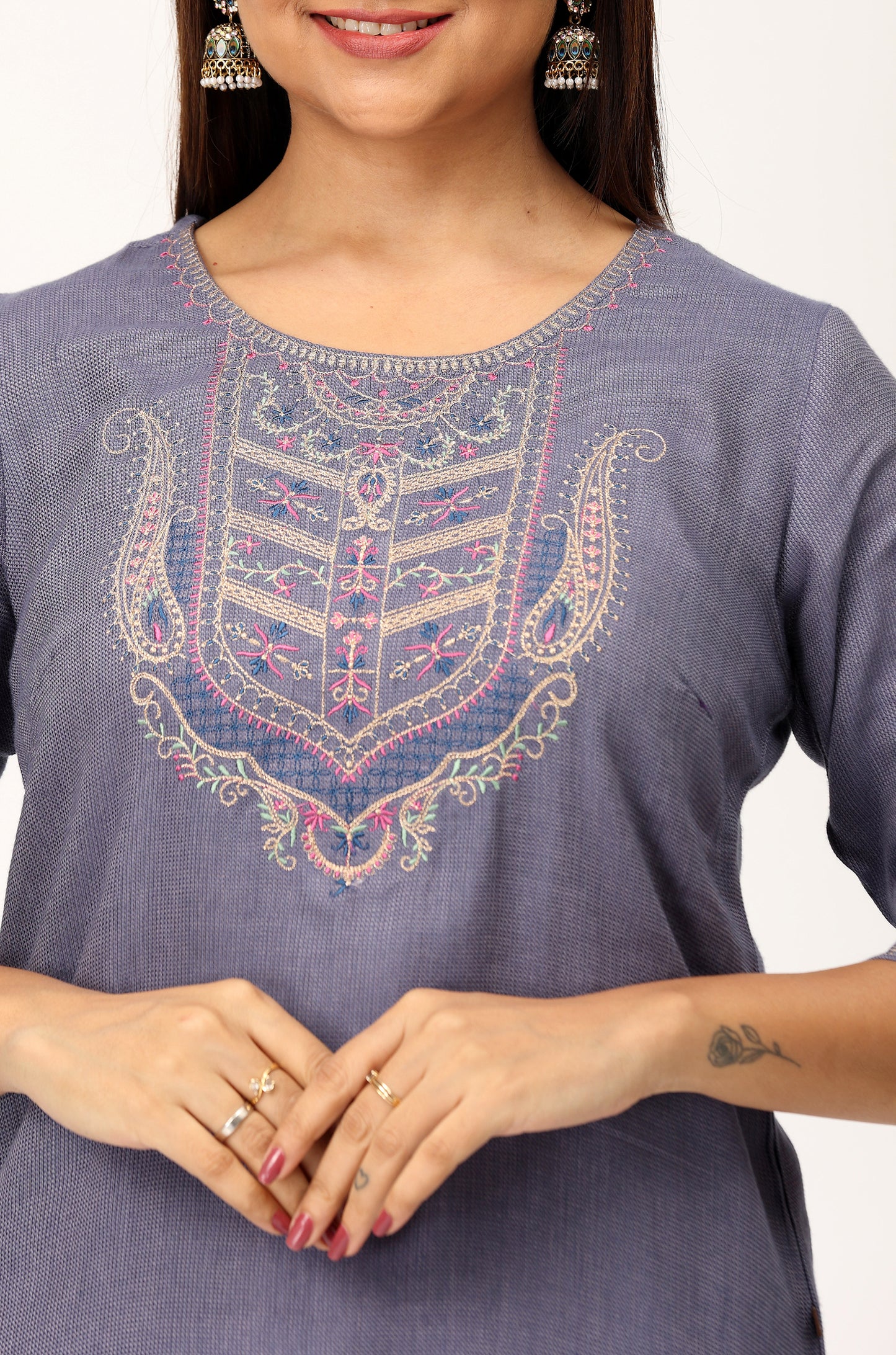 Blue Grey Matty Embroidery Straight Kurti Set - 2Pcs