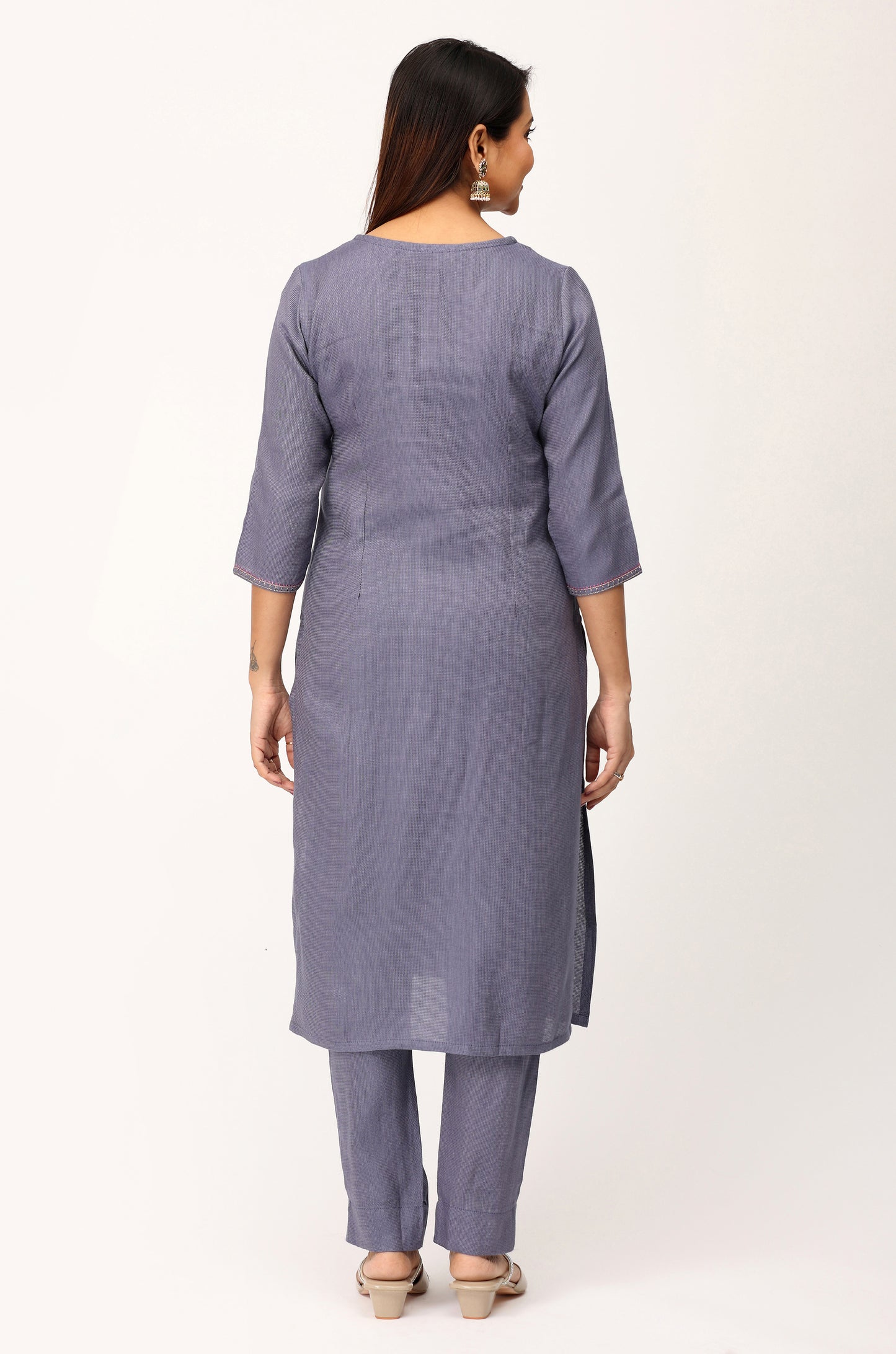 Blue Grey Matty Embroidery Straight Kurti Set - 2Pcs