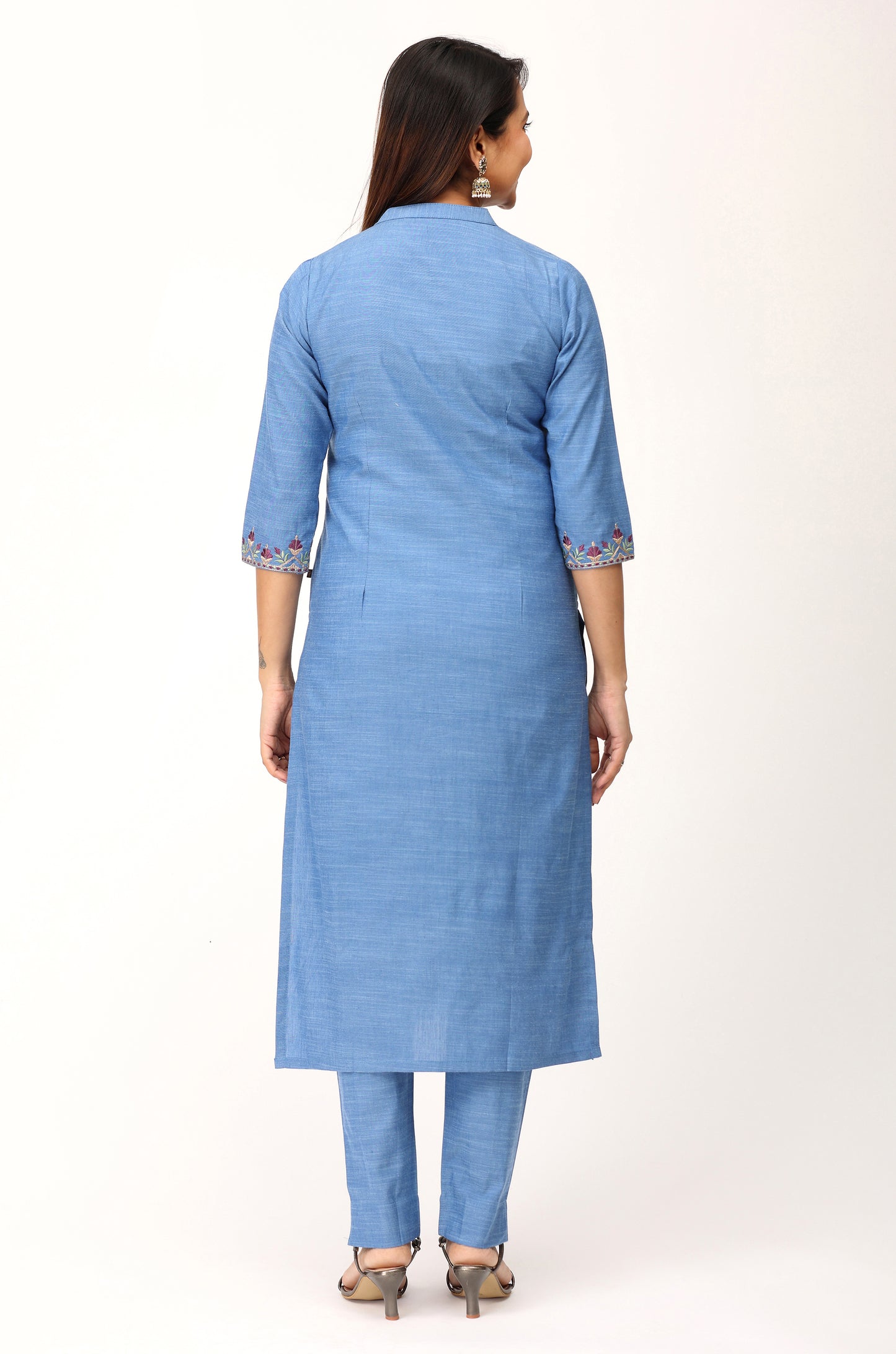 Denim Blue Embroidery Straight Kurti Set - 2Pcs