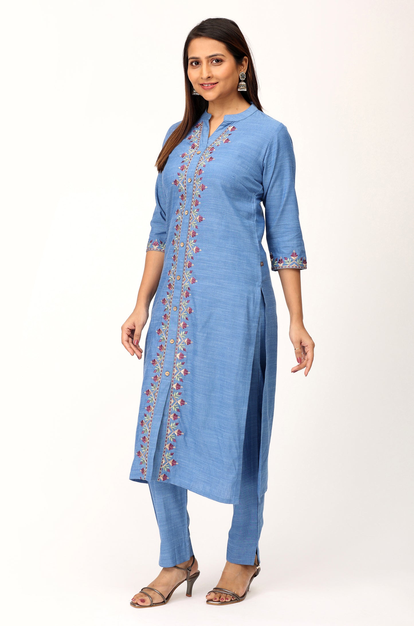 Denim Blue Embroidery Straight Kurti Set - 2Pcs