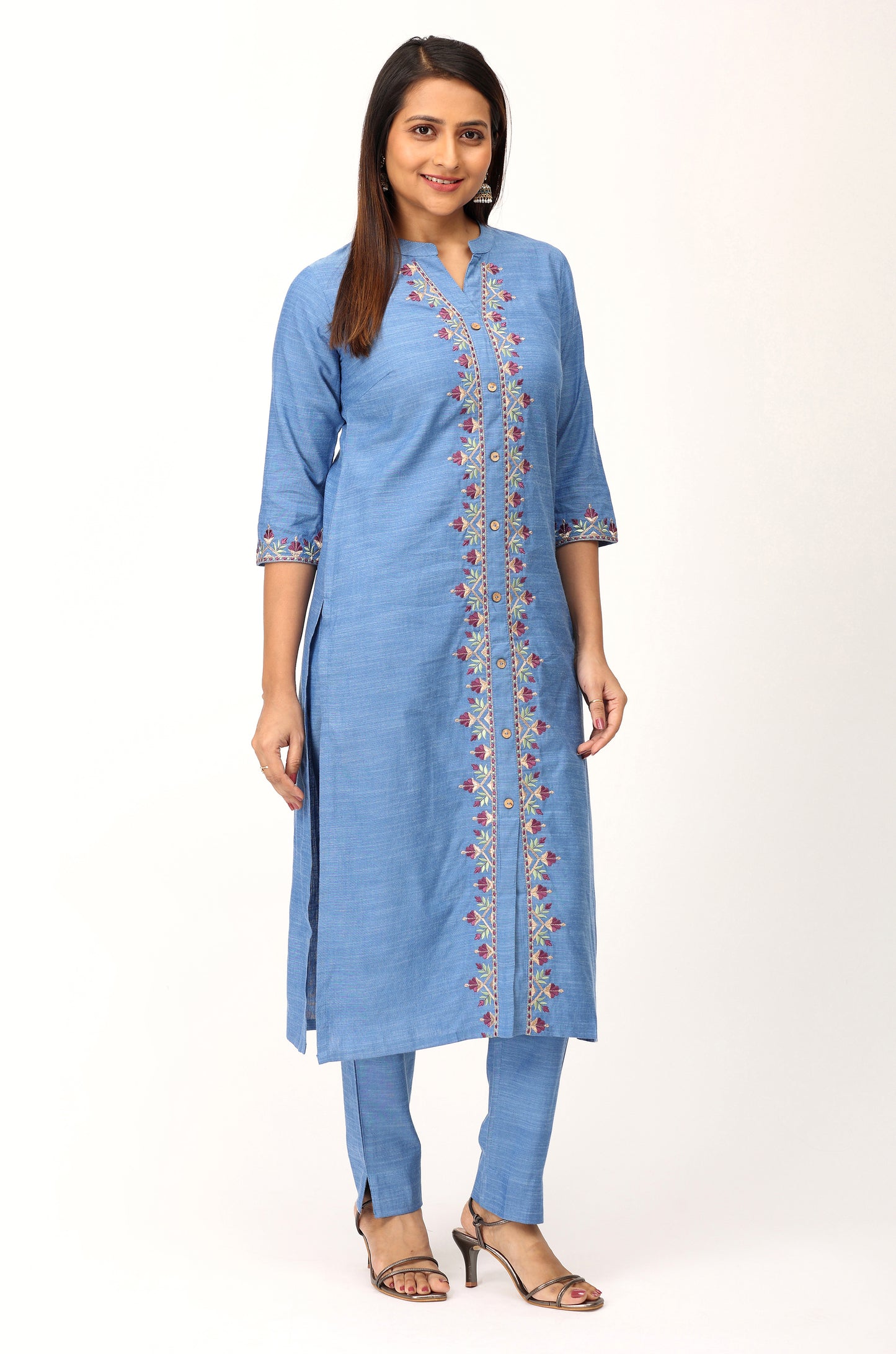 Denim Blue Embroidery Straight Kurti Set - 2Pcs