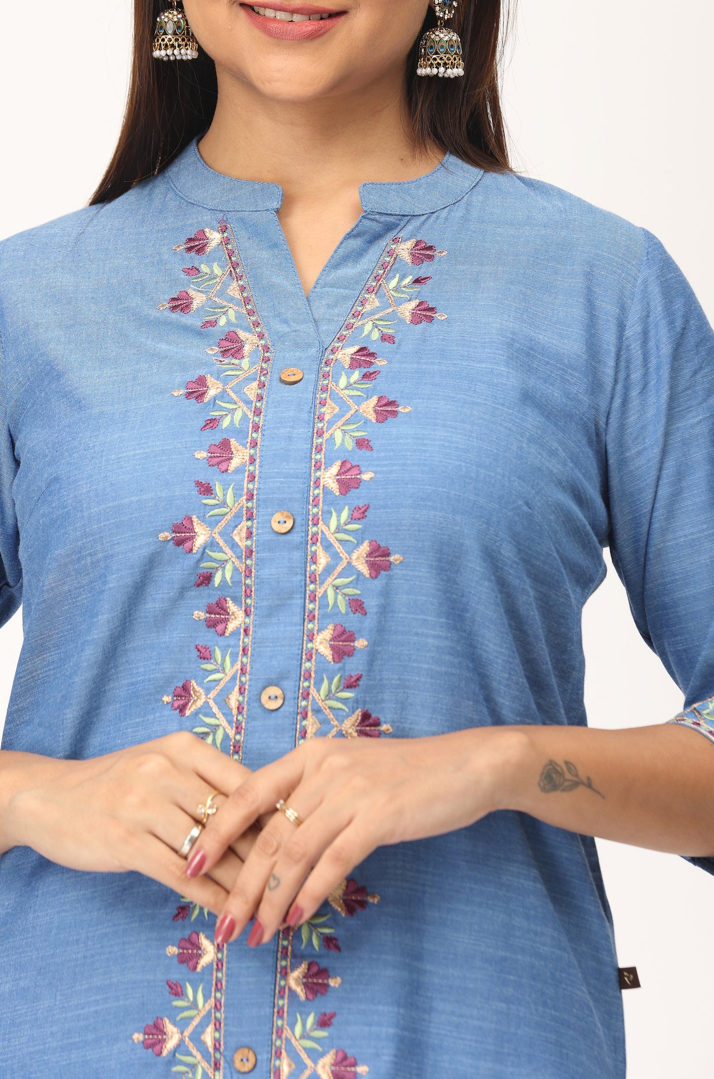 Denim Blue Embroidery Straight Kurti Set - 2Pcs