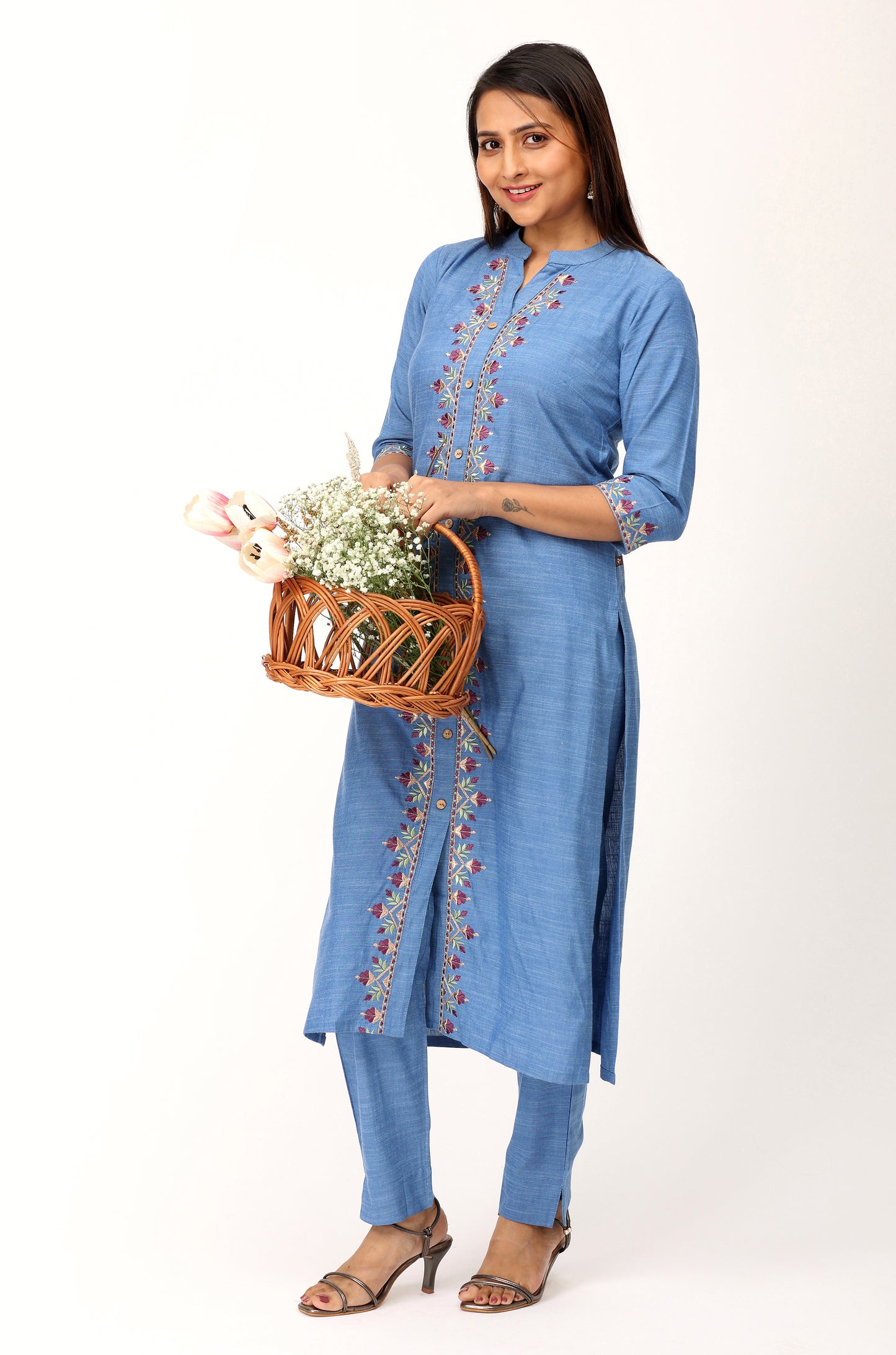 Denim Blue Embroidery Straight Kurti Set - 2Pcs