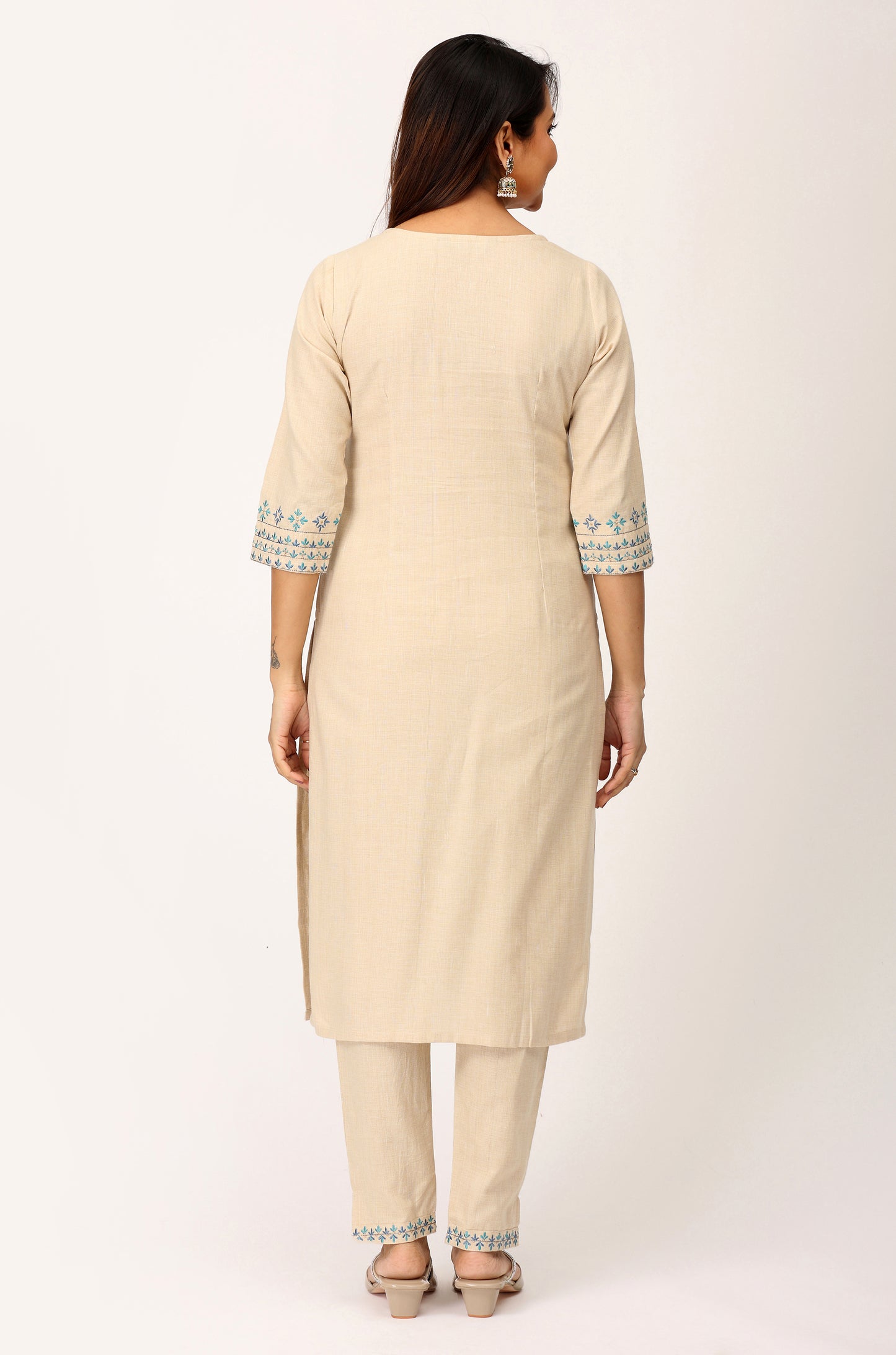 Beige Khadi Embroidery Straight Kurti Set - 2Pcs