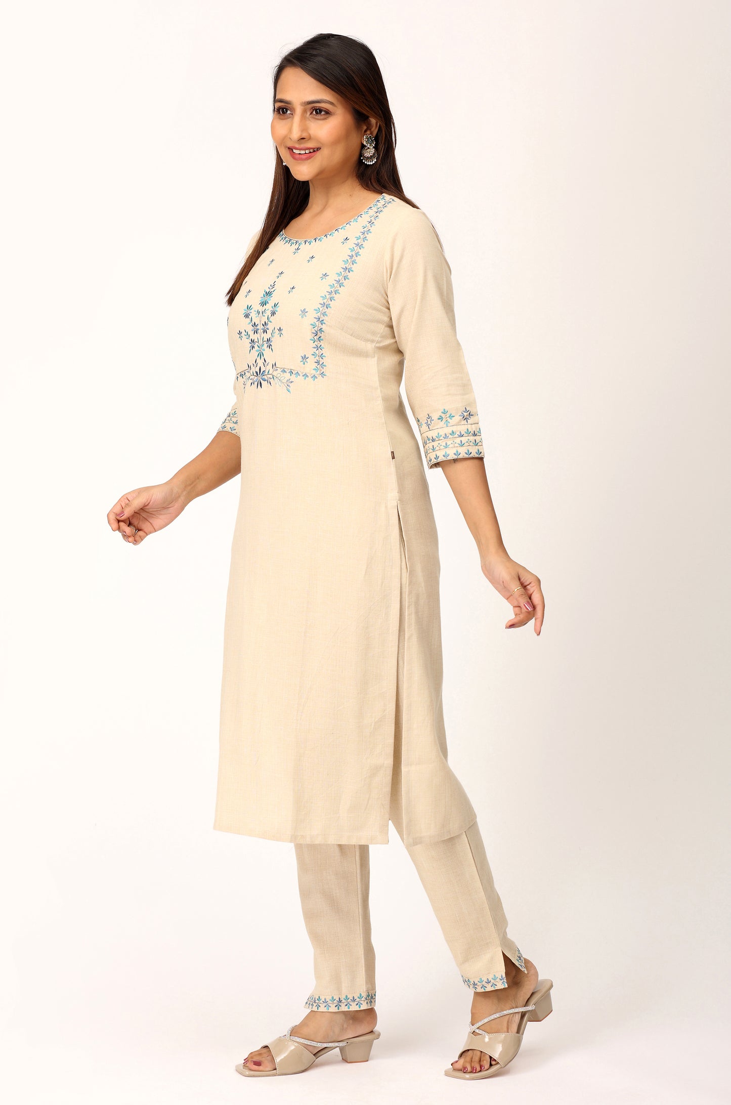 Beige Khadi Embroidery Straight Kurti Set - 2Pcs