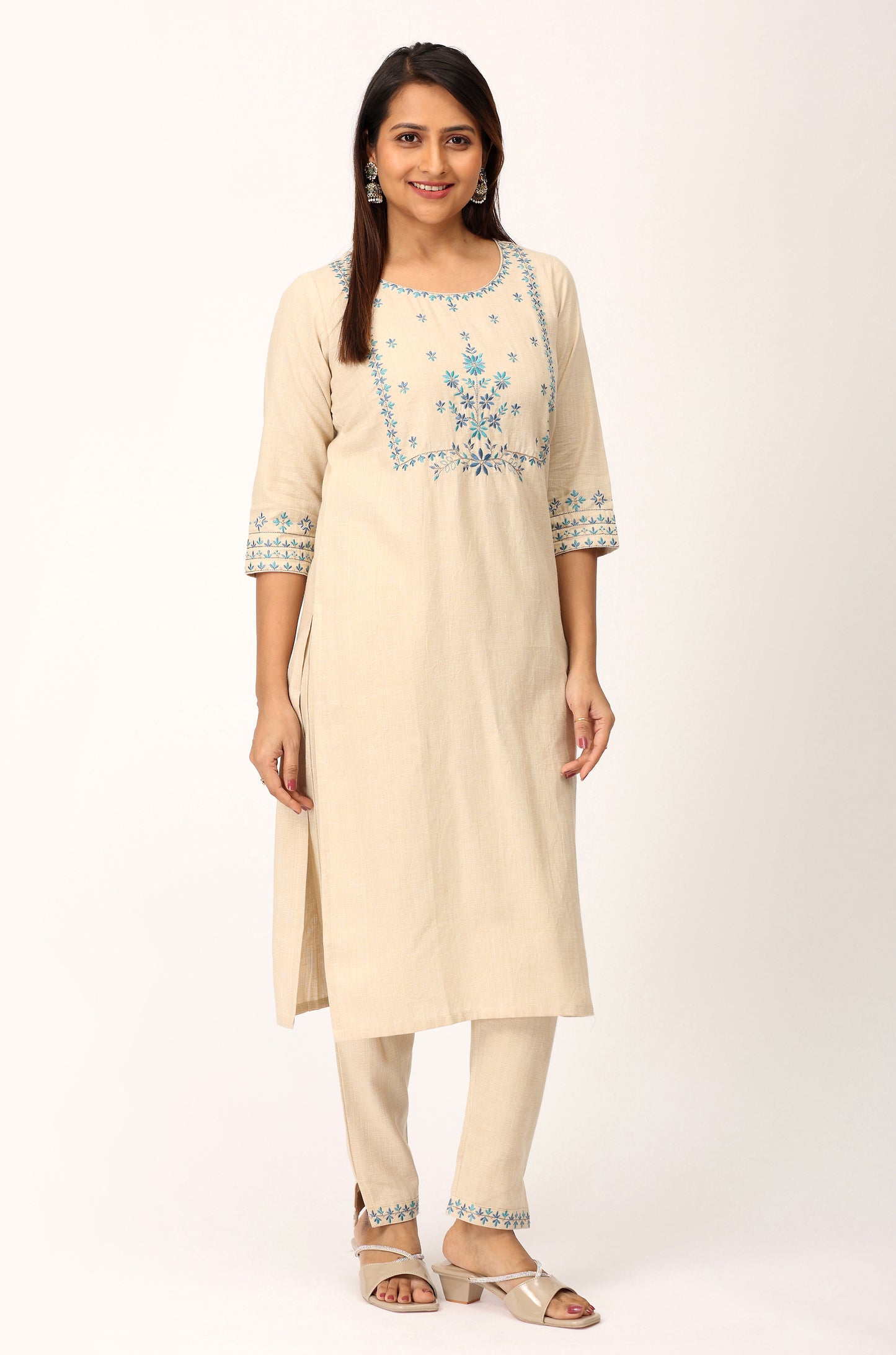 Beige Khadi Embroidery Straight Kurti Set - 2Pcs