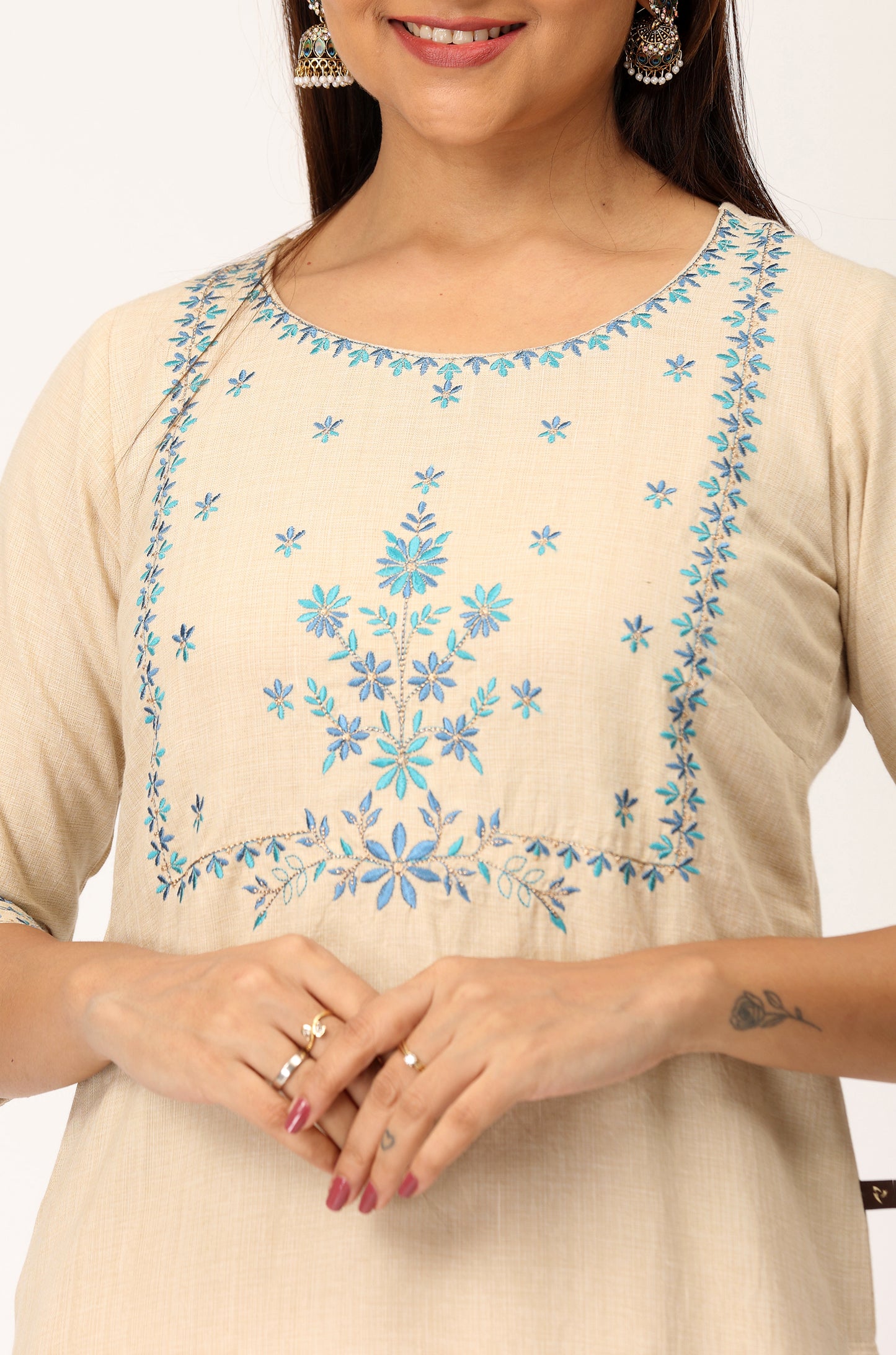 Beige Khadi Embroidery Straight Kurti Set - 2Pcs