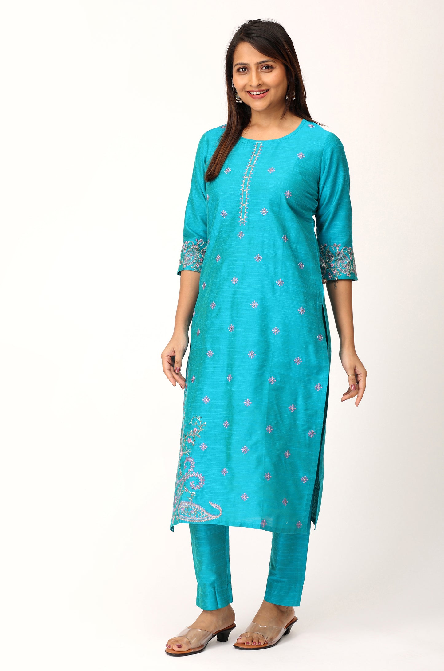 Blue Slub Silk Sequence Embroidery Straight Kurti Set - 2Pcs