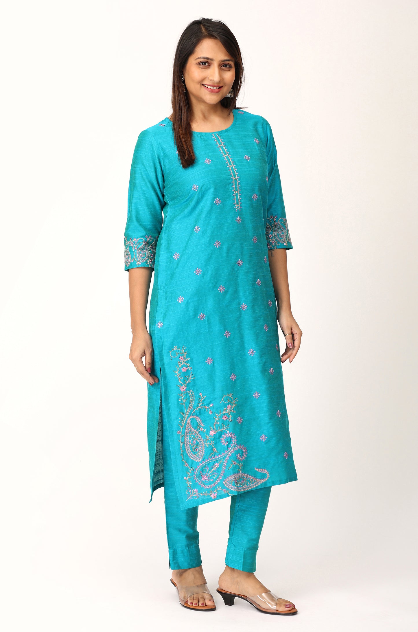 Blue Slub Silk Sequence Embroidery Straight Kurti Set - 2Pcs