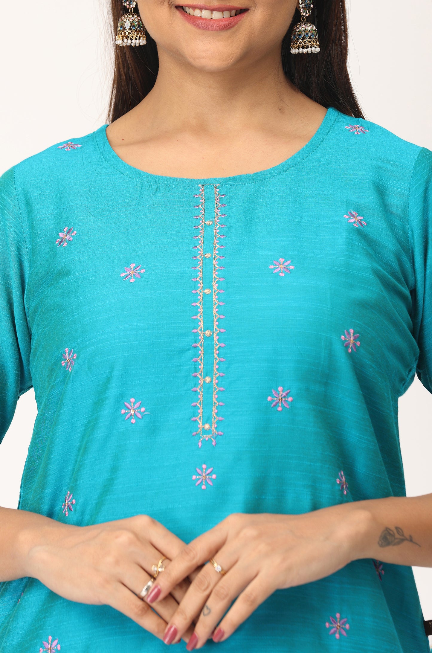 Blue Slub Silk Sequence Embroidery Straight Kurti Set - 2Pcs