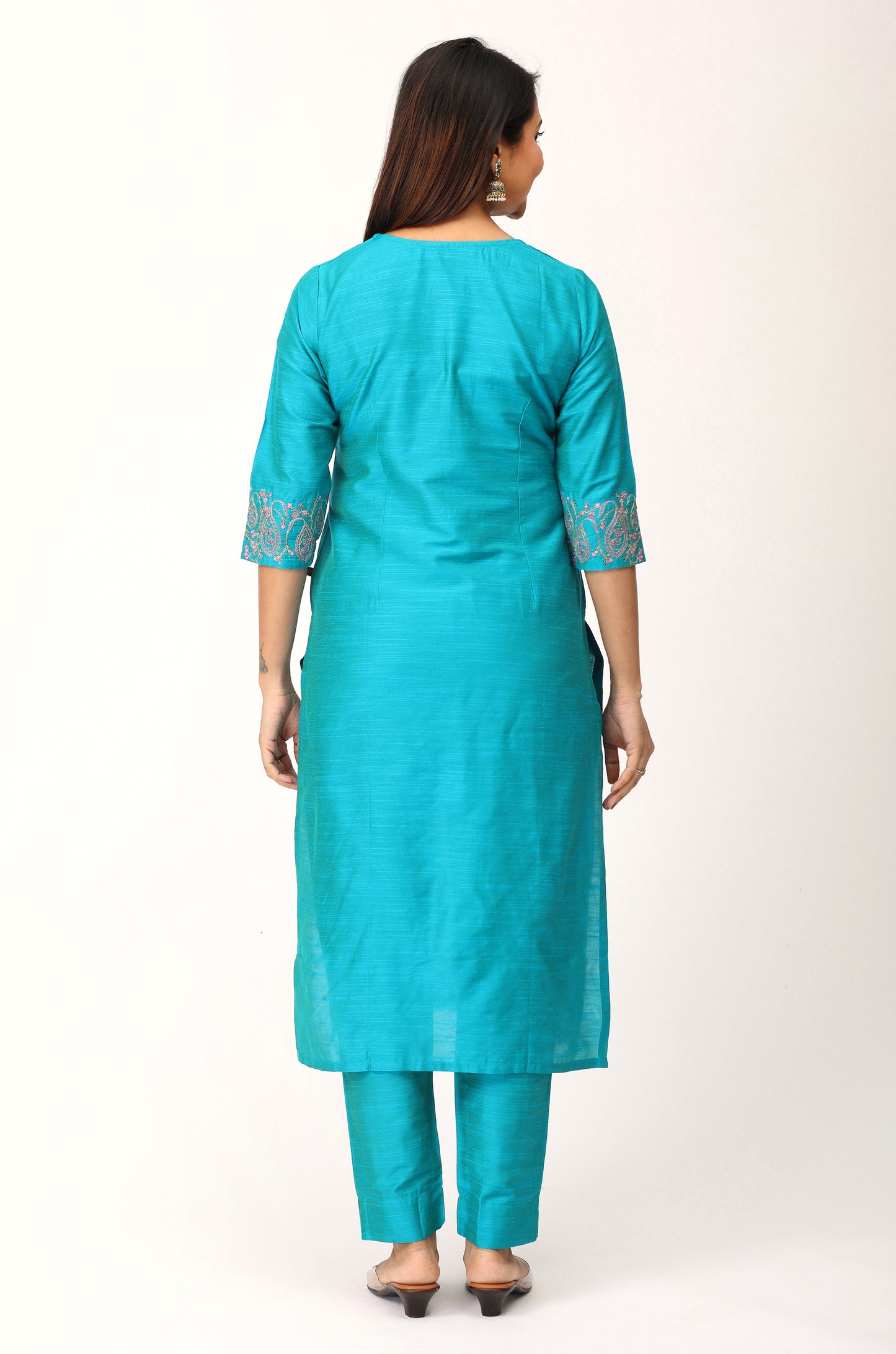 Blue Slub Silk Sequence Embroidery Straight Kurti Set - 2Pcs