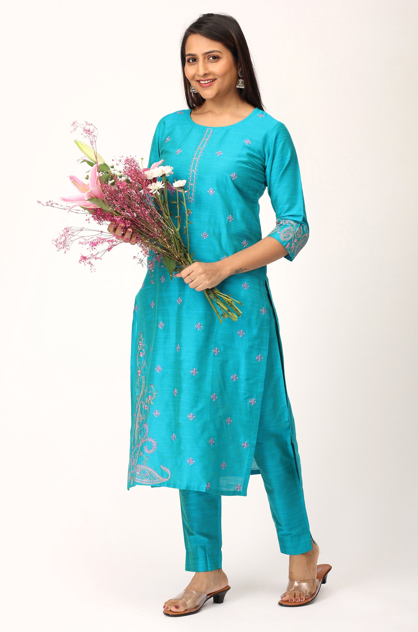 Blue Slub Silk Sequence Embroidery Straight Kurti Set - 2Pcs