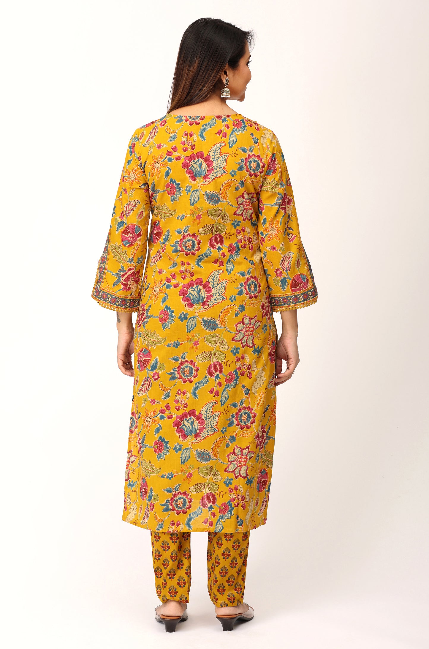 Mustard Cotton Printed with Handwork Kurti Set -3Pcs