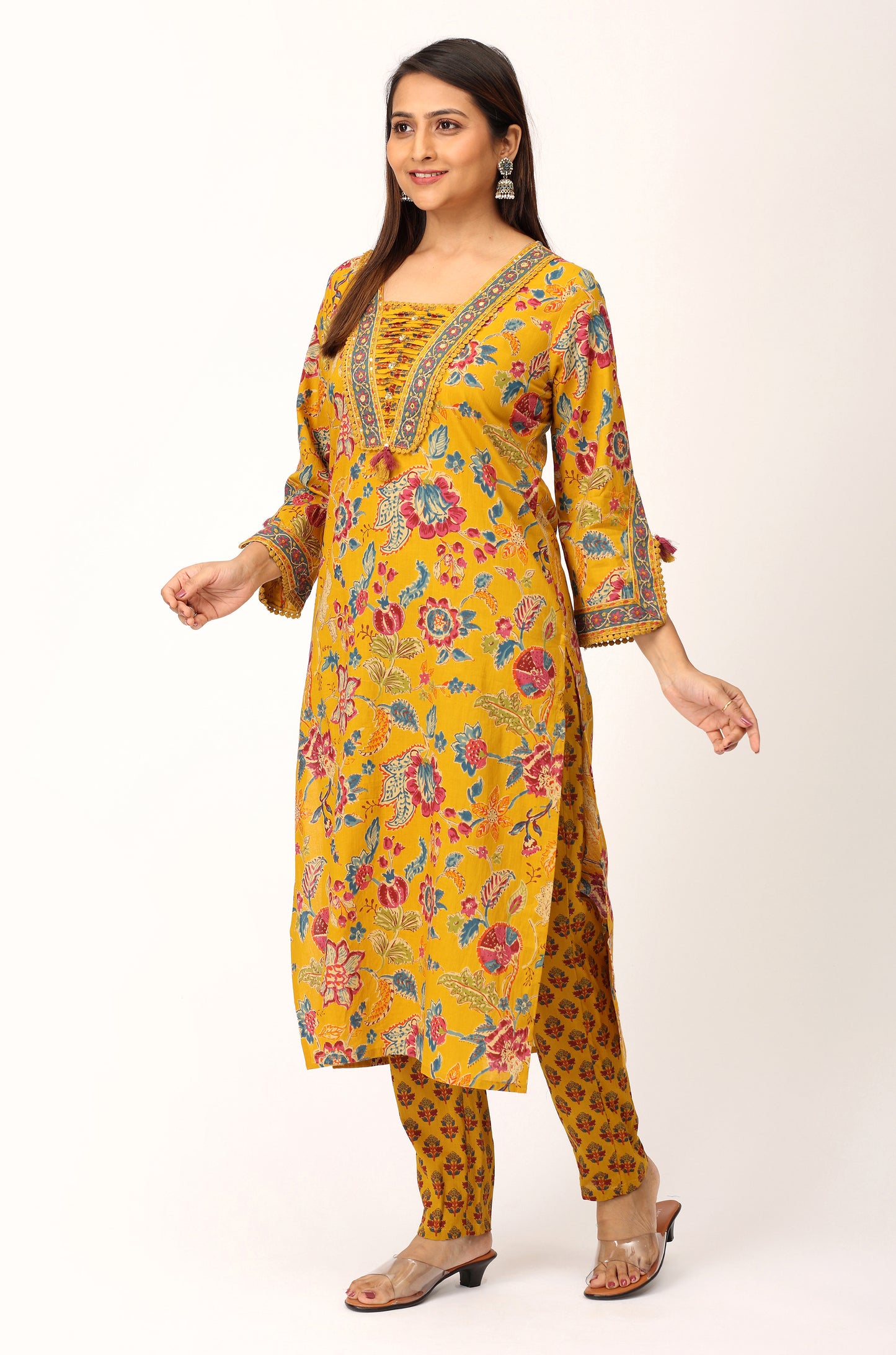 Mustard Cotton Printed with Handwork Kurti Set -3Pcs