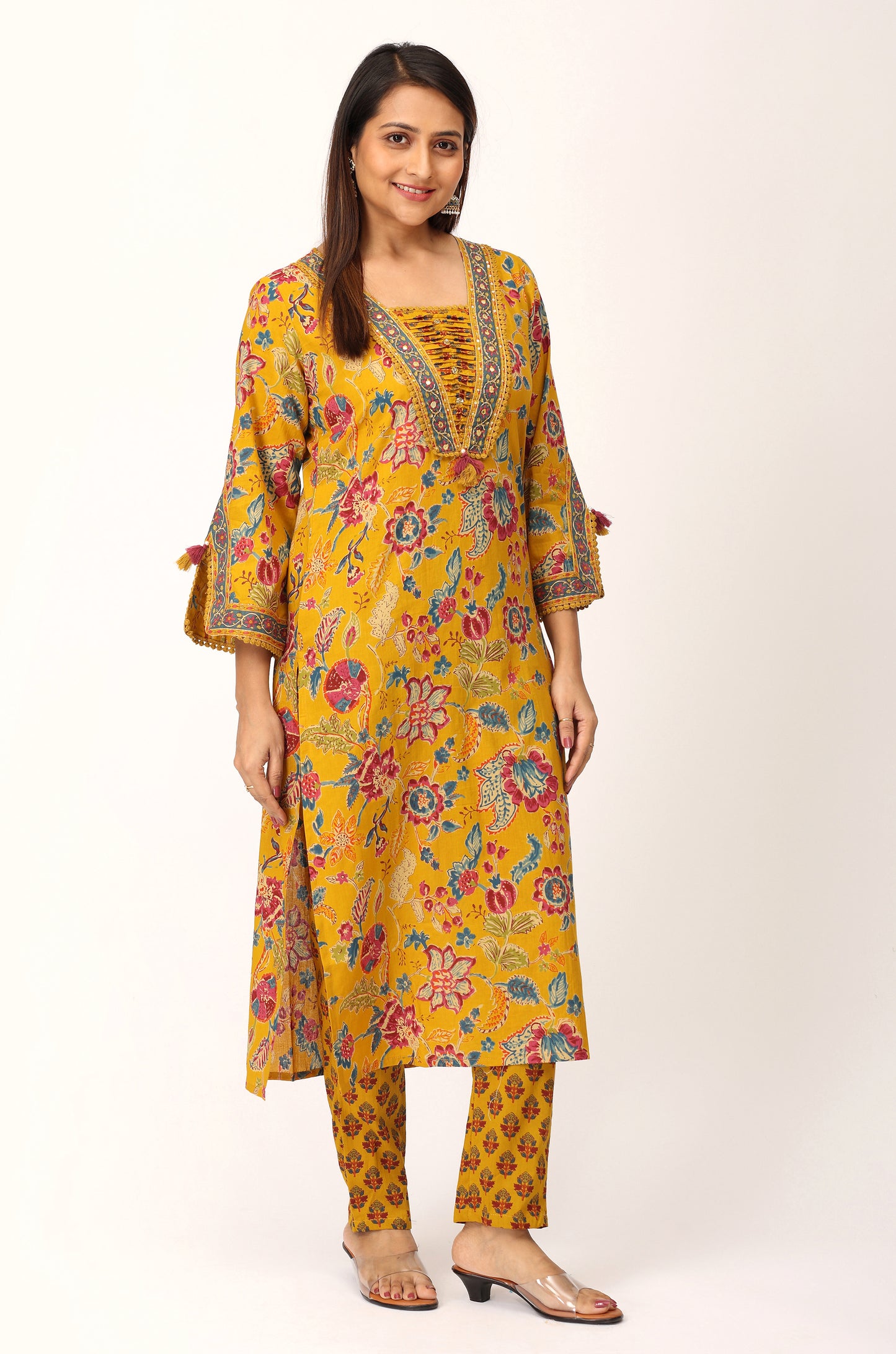 Mustard Cotton Printed with Handwork Kurti Set -3Pcs