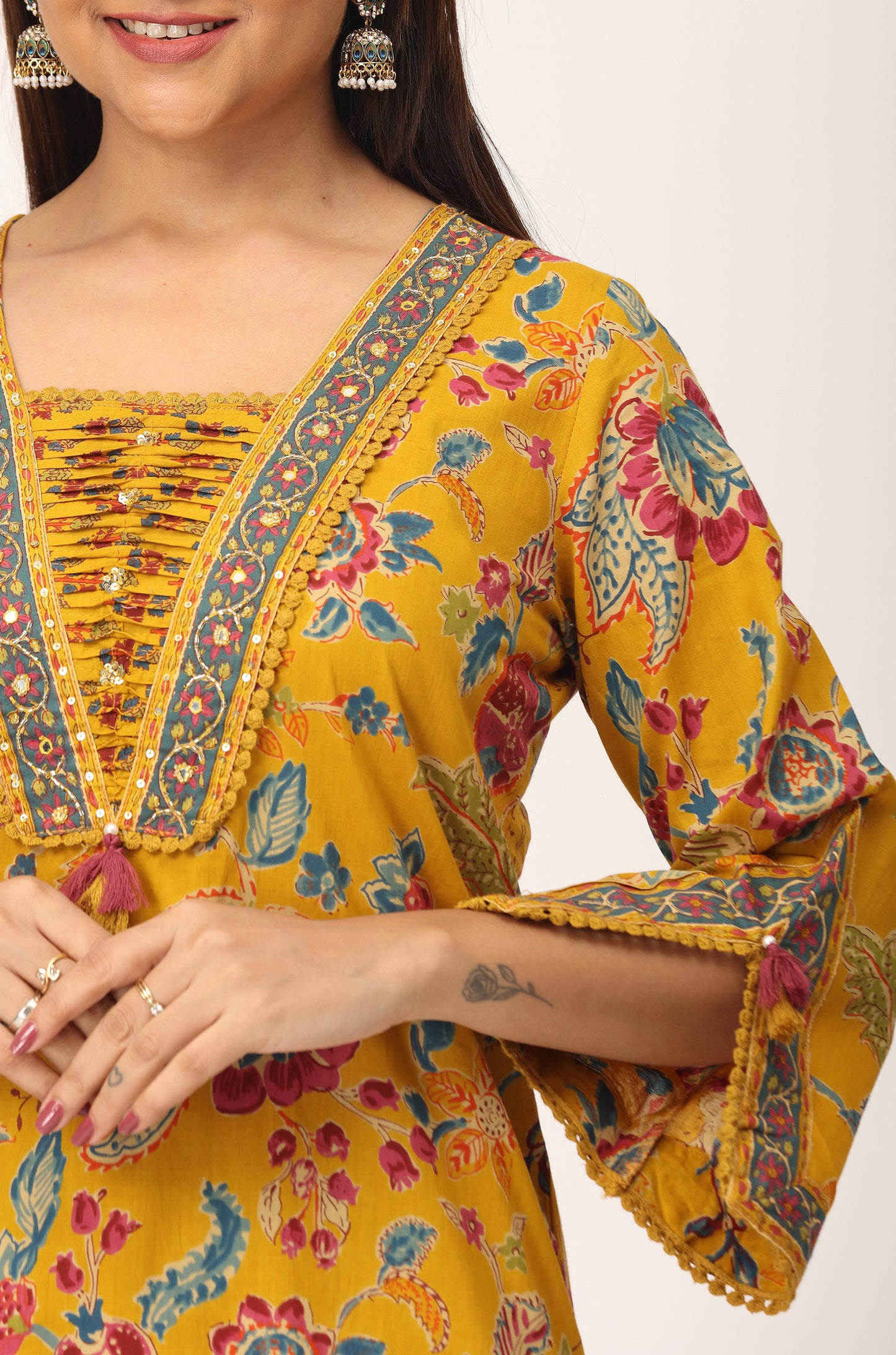 Mustard Cotton Printed with Handwork Kurti Set -3Pcs