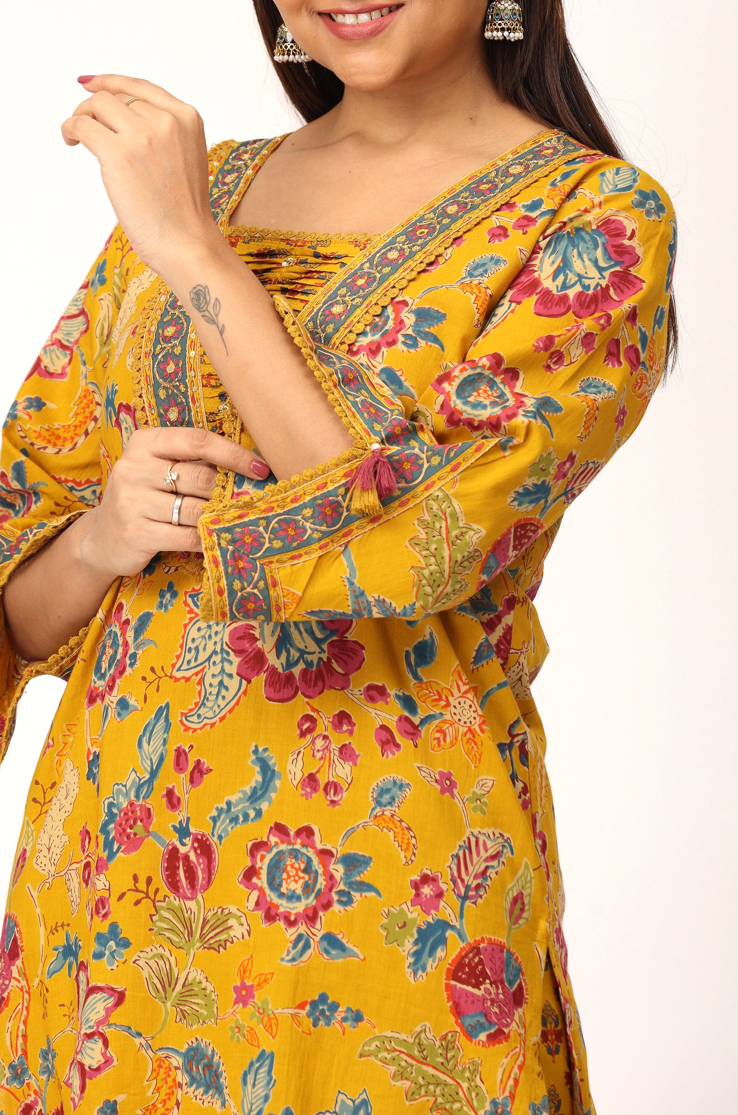 Mustard Cotton Printed with Handwork Kurti Set -3Pcs