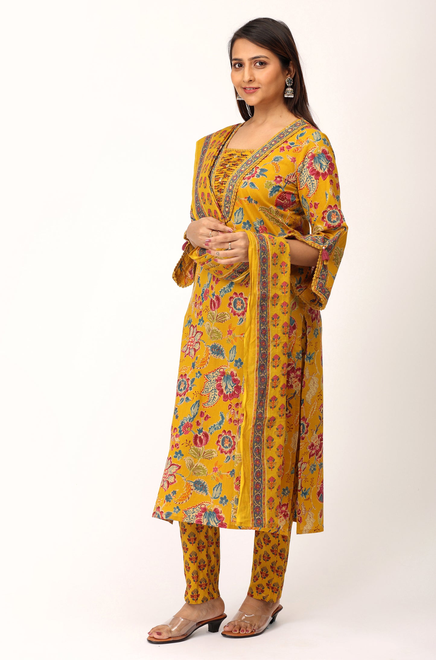 Mustard Cotton Printed with Handwork Kurti Set -3Pcs