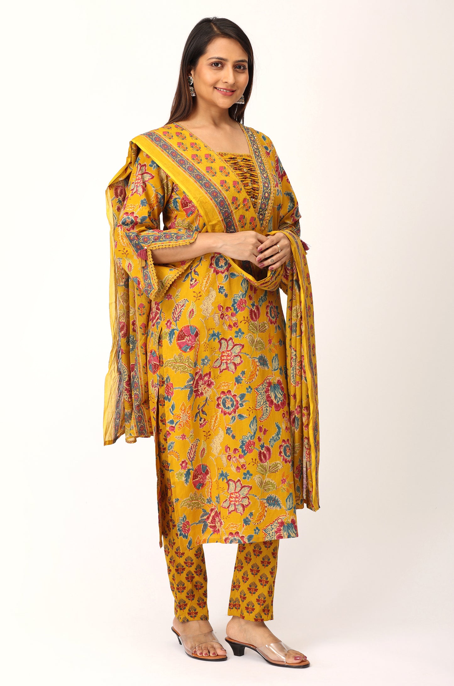 Mustard Cotton Printed with Handwork Kurti Set -3Pcs