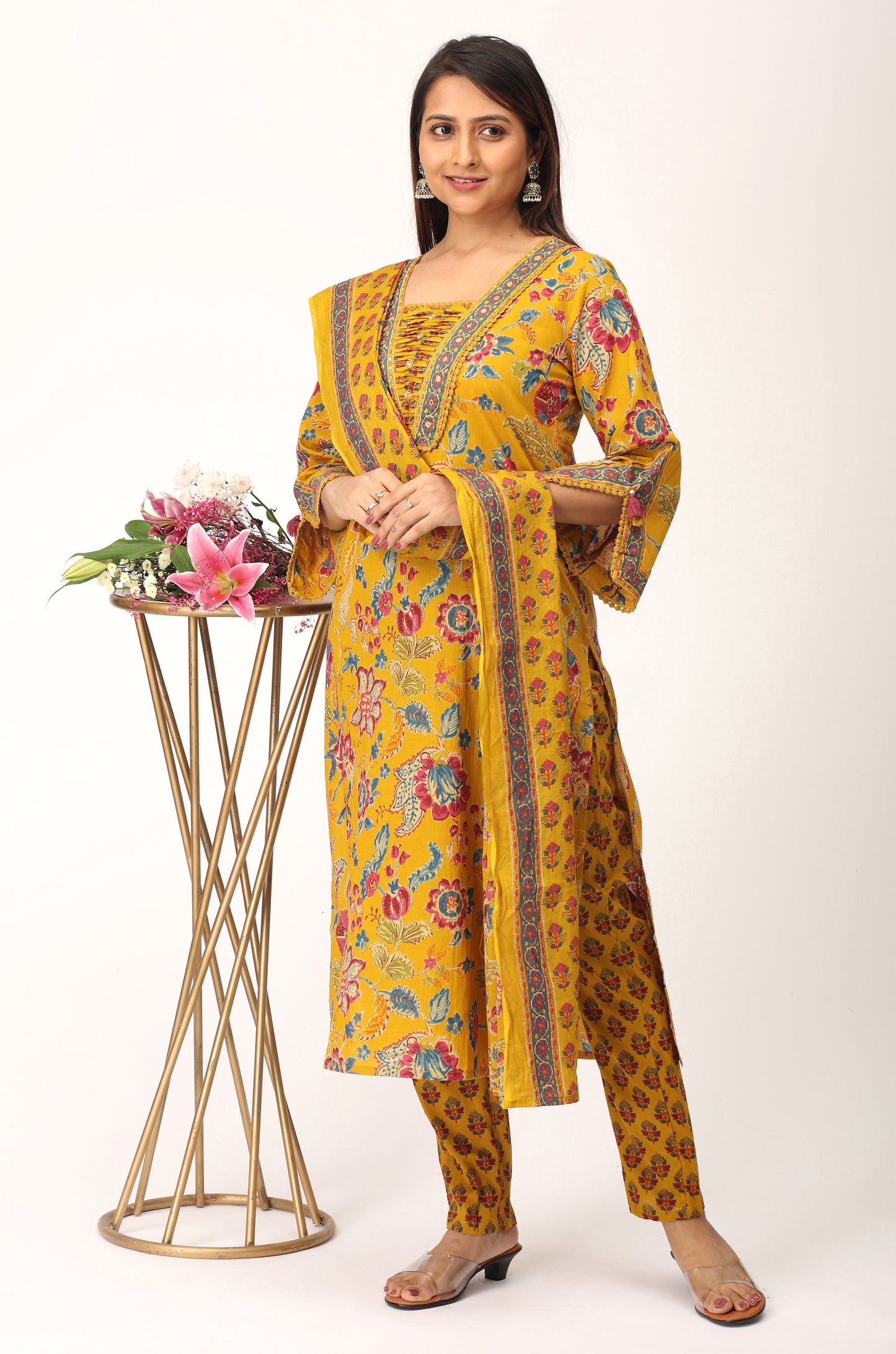 Mustard Cotton Printed with Handwork Kurti Set -3Pcs