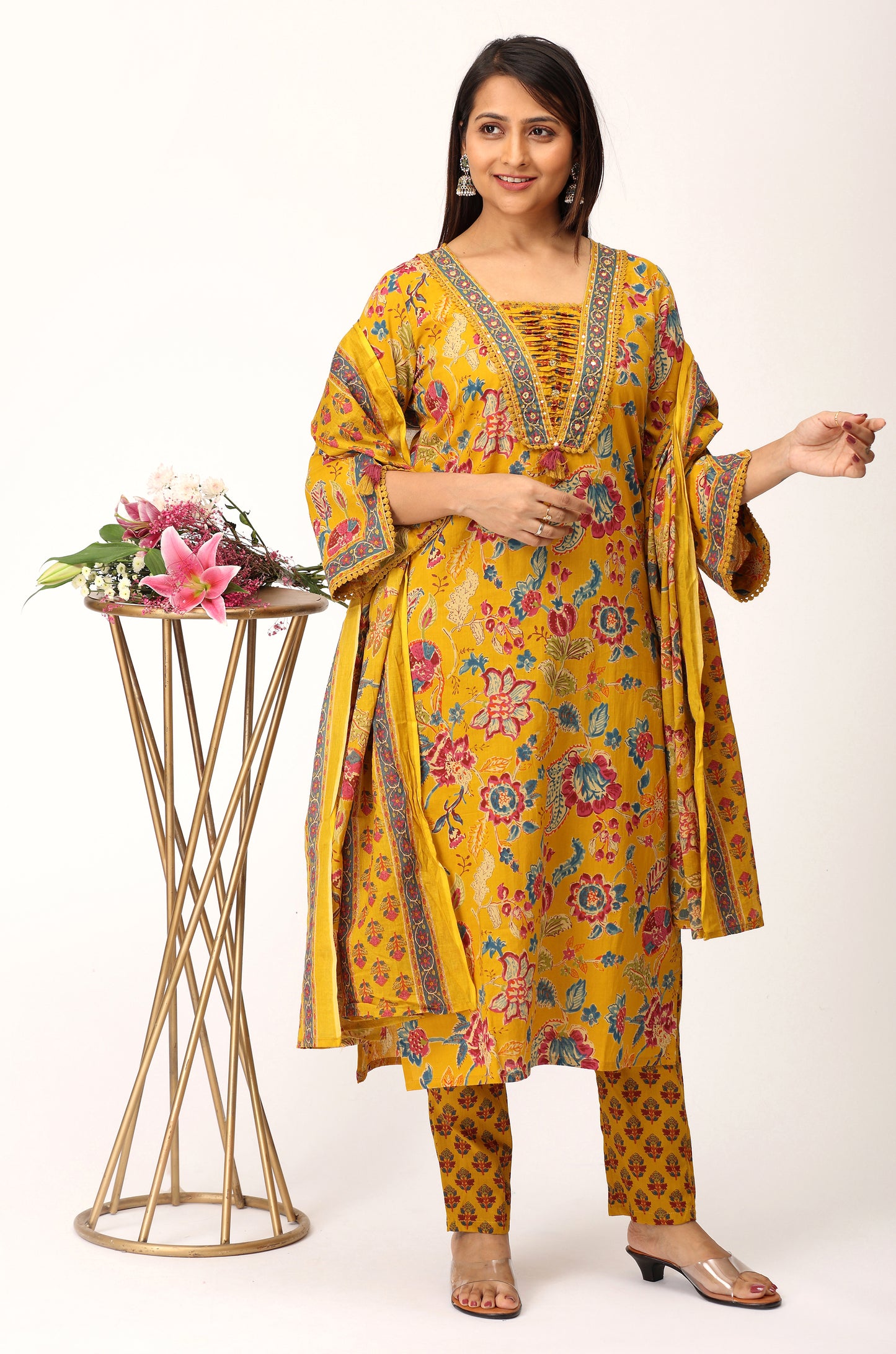 Mustard Cotton Printed with Handwork Kurti Set -3Pcs