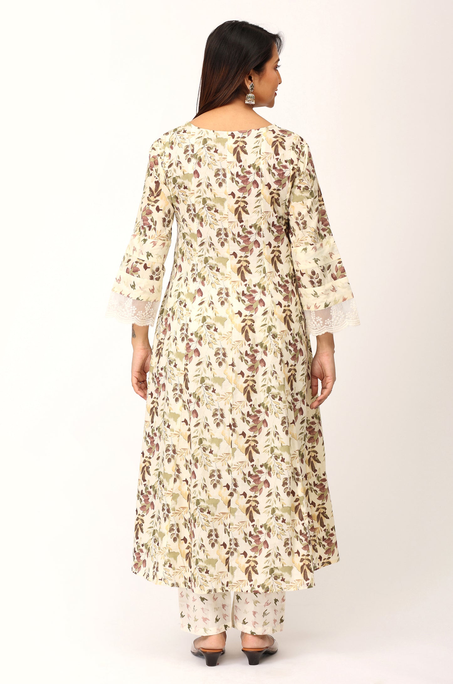 Cream Cotton Printed with Handwork Kurti Set -3Pcs